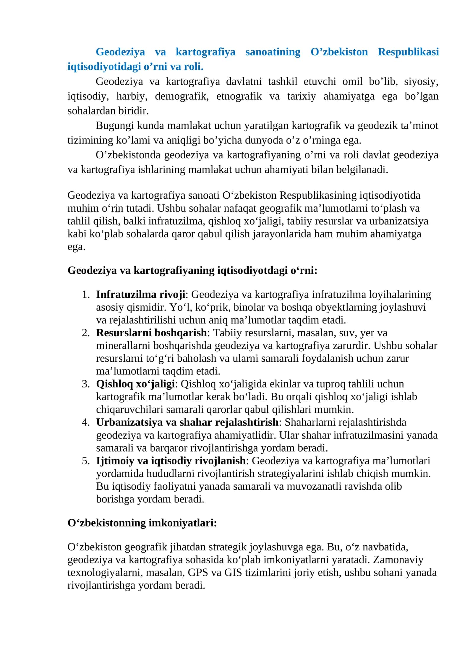 Geodeziya va kartografiya sanoatining O’zbekiston Respublikasi iqtisodiyotidagi o’rni va roli