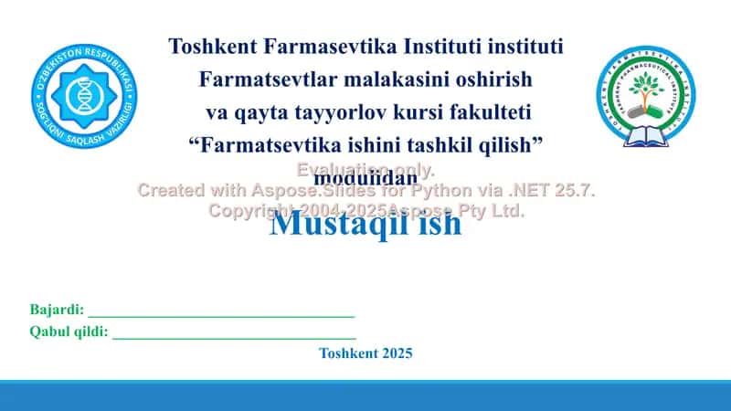 Dorixonalarda dori vositalarini tayyorlash ishlarini tashkil qilish. Retseptni taksirovka va ekspertiza qilish. Taqdimot 21 bet.
