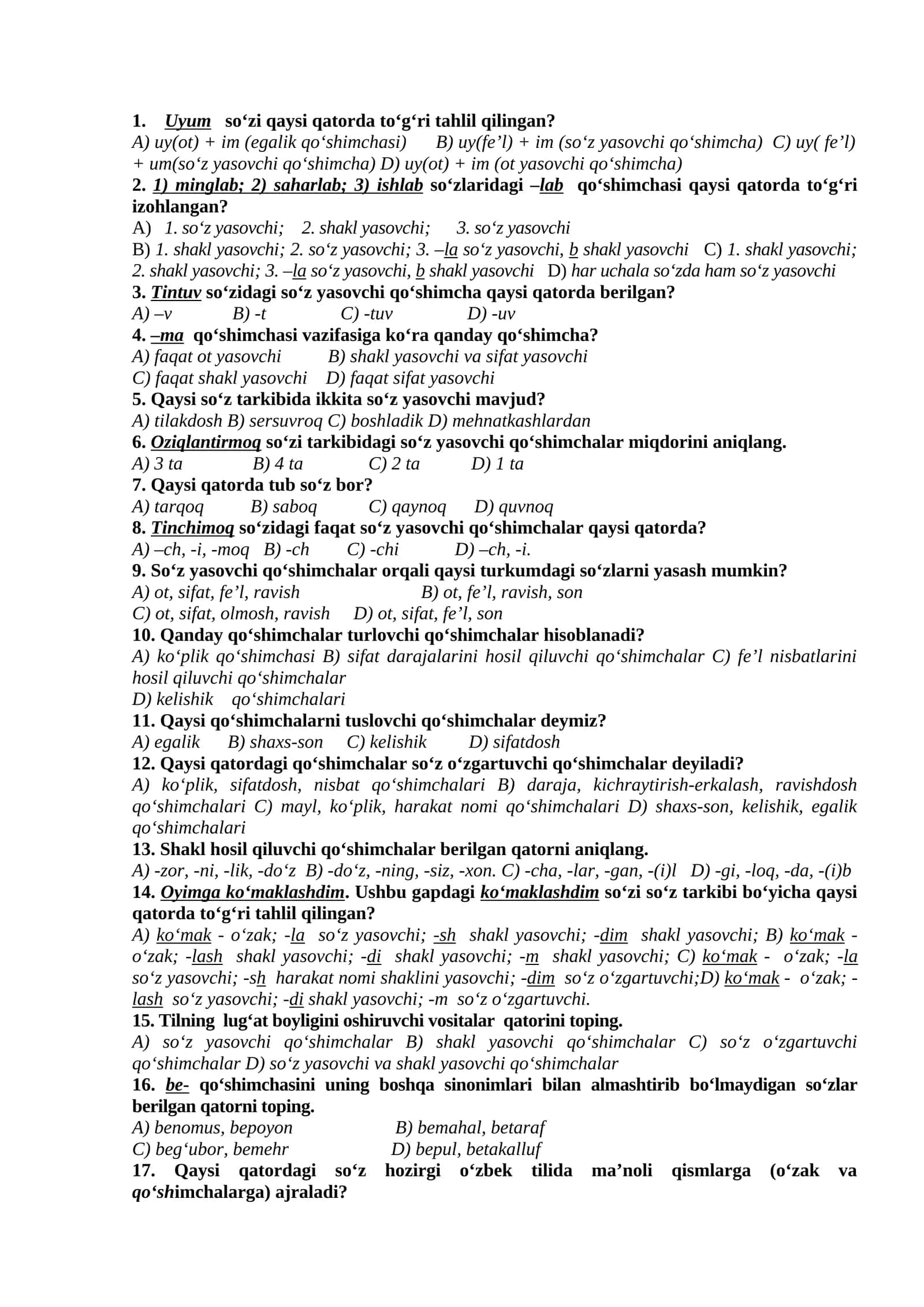 O'zbek tili grammatikasi testlari