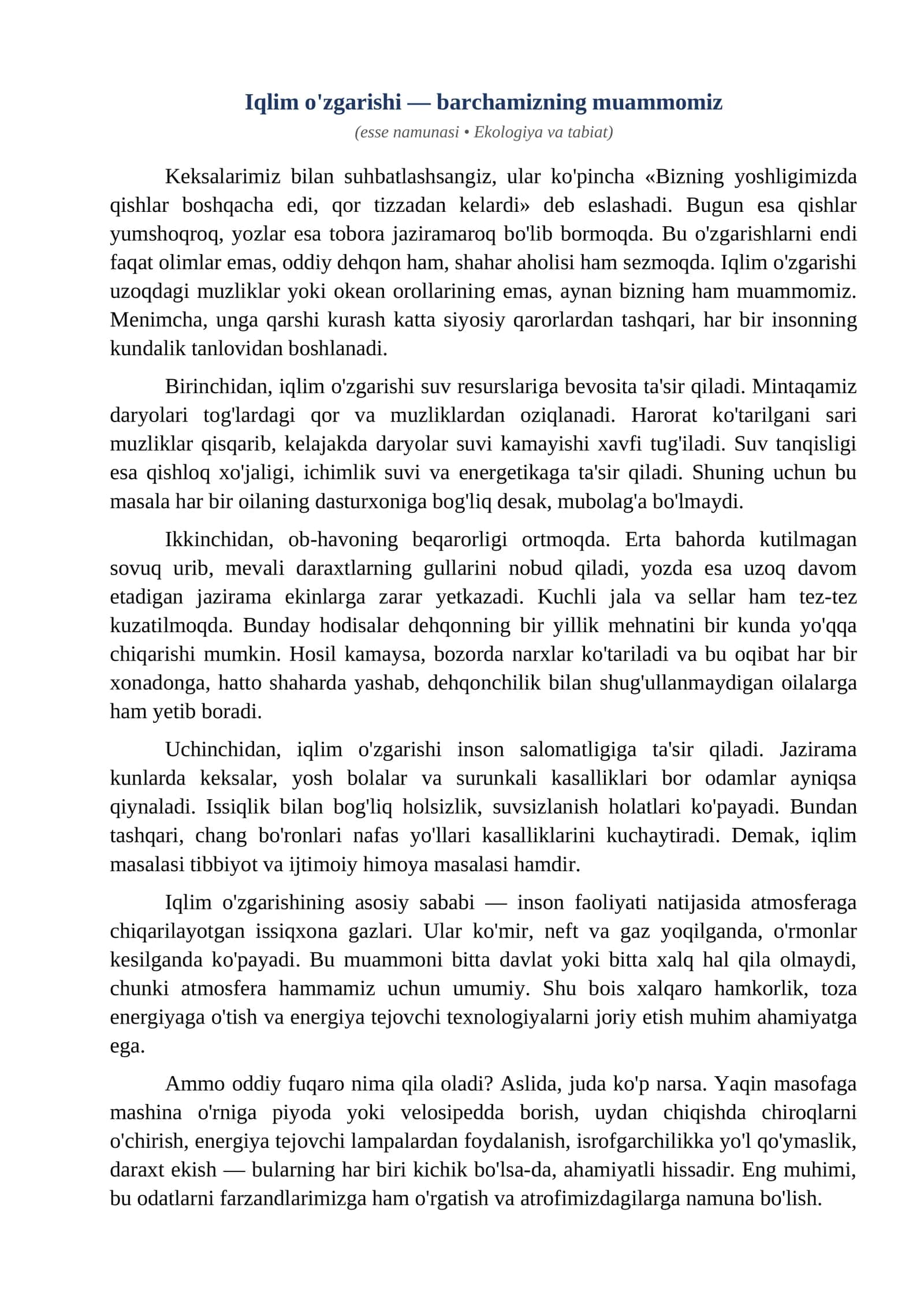 Esse Iqlim ozgarishi barchamizning muammomiz