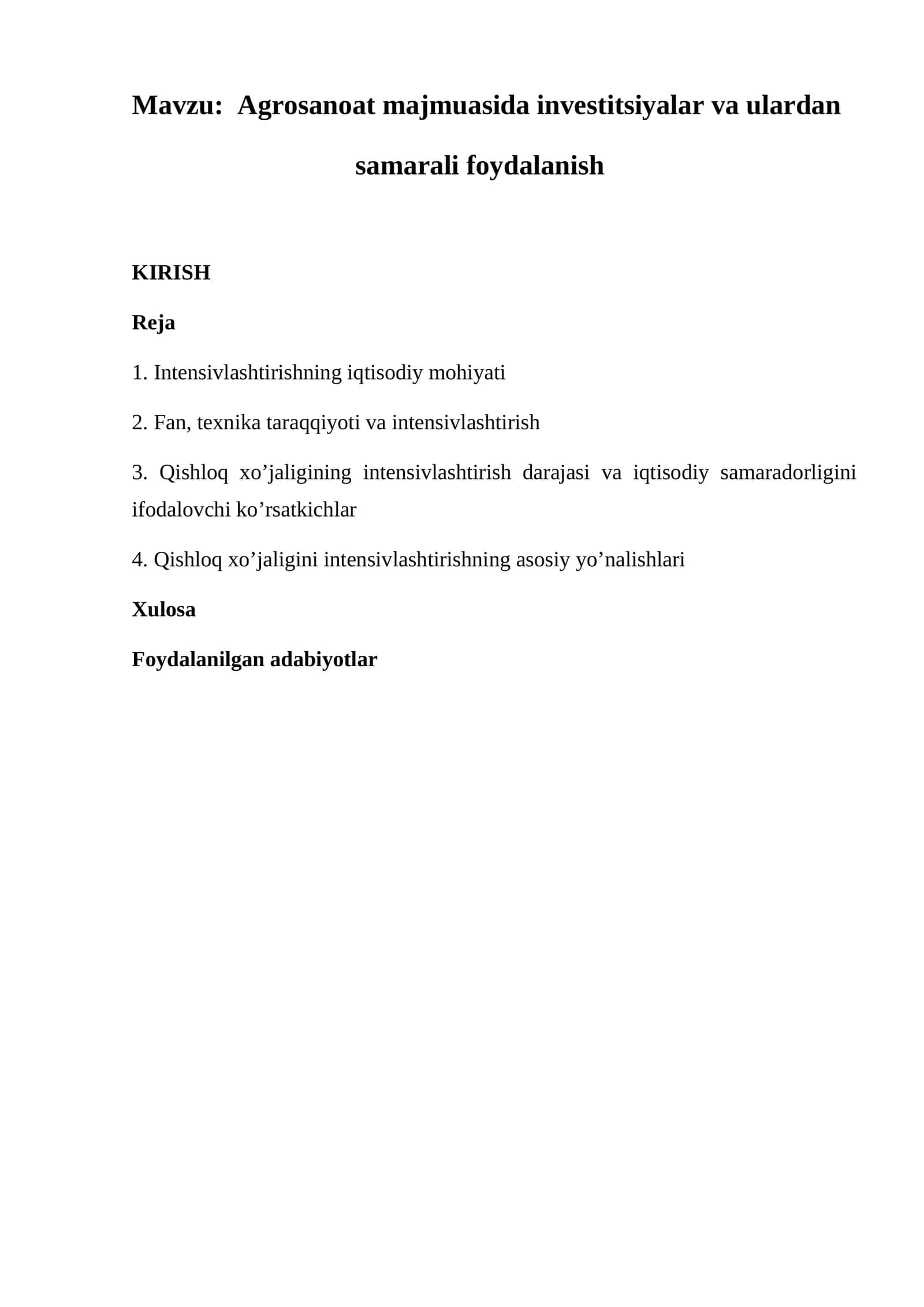 Agrosanoat majmuasida investitsiyalar va ulardan samarali foydalanish