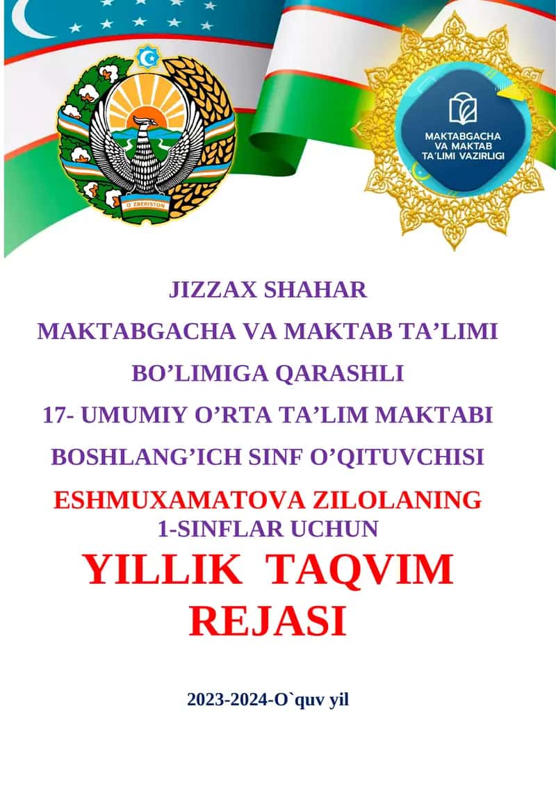 1-SINF ALIFBE FANIDAN TAQVIM REJA