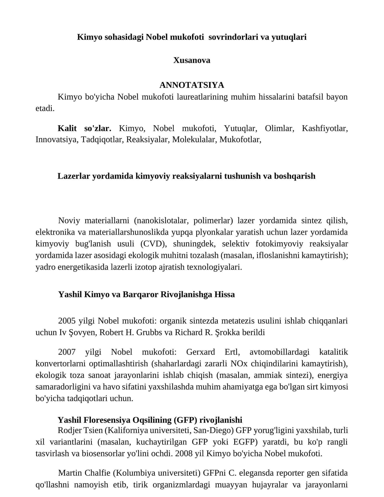 Kimyo sohasidagi Nobel mukofoti sovrindorlari va yutuqlari