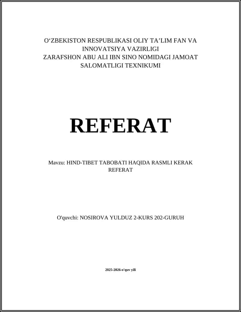 Hind-Tibet Tabobati Haqida Rasmla Kerak Referat