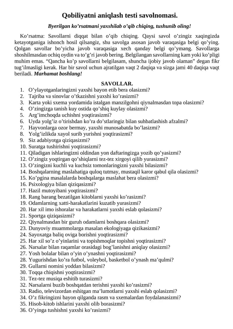 Qobiliyatni aniqlash testi savolnomasi