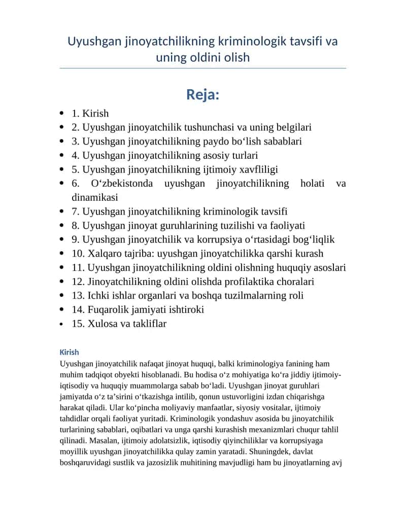 Uyushgan jinoyatchilikning kriminologik tavsifi va uning oldini olish
