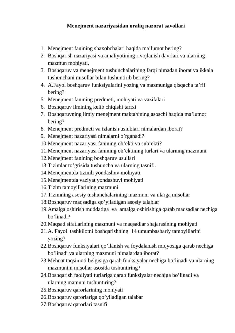 Menejment nazariyasidan oraliq nazorat savollari