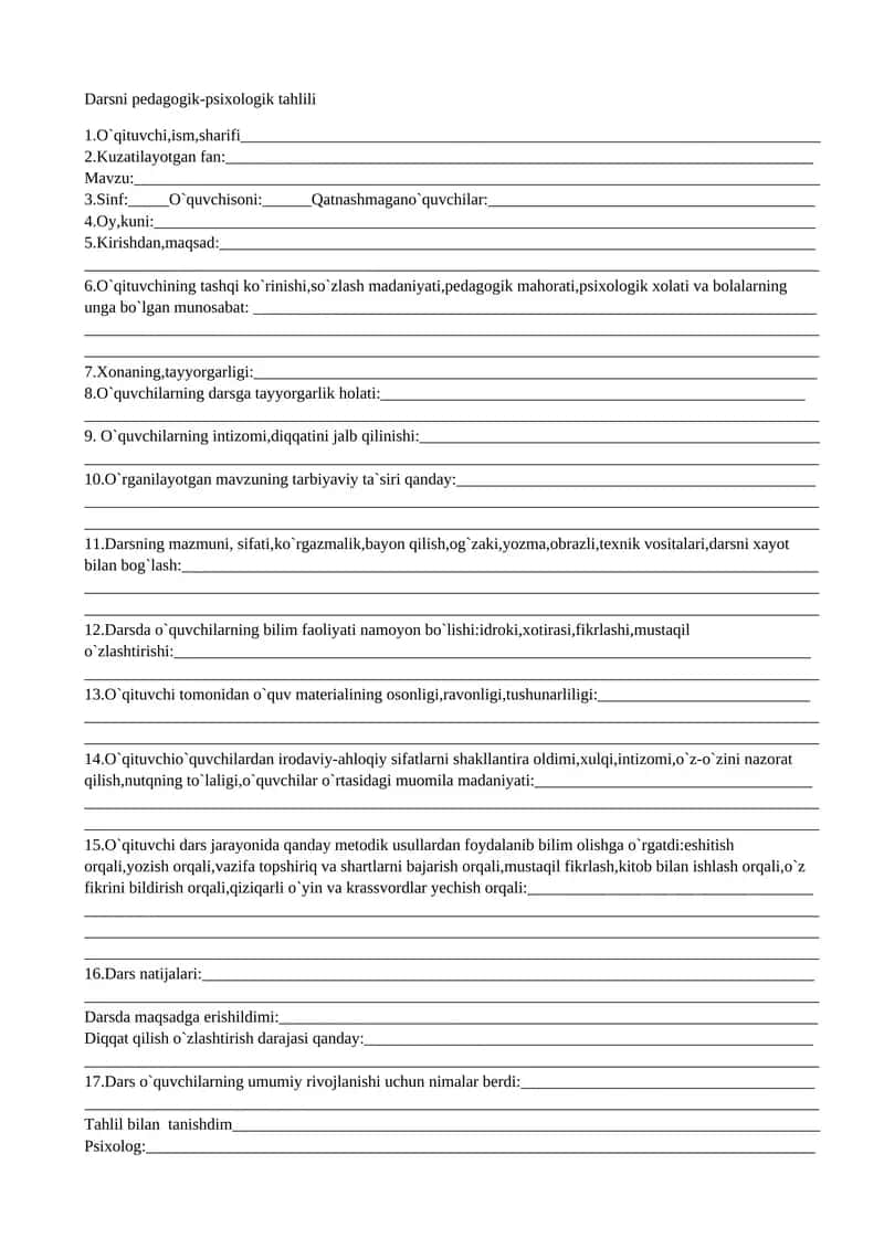 Darsni pedagogik-psixologik tahlili