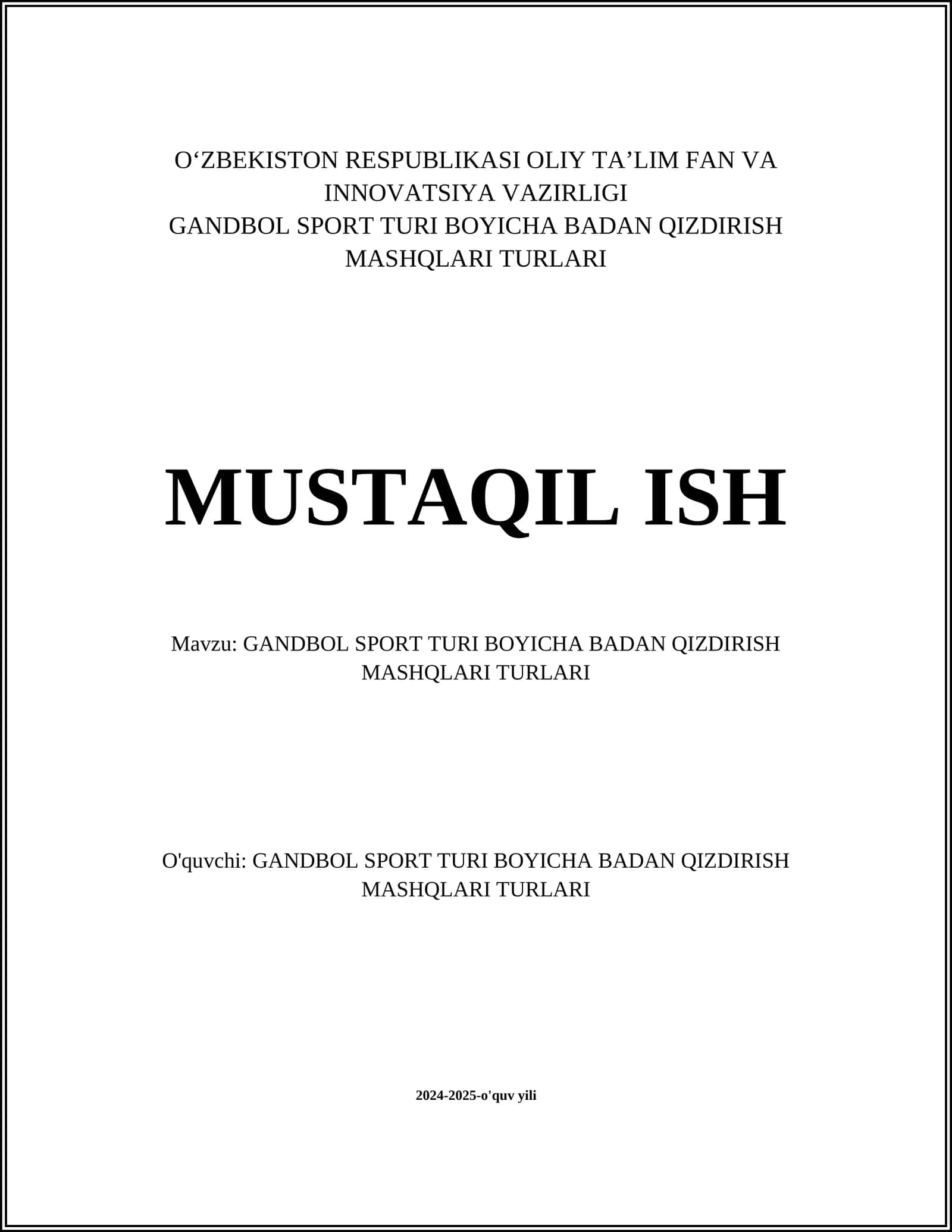 GANDBOL SPORT TURI BOYICHA BADAN QIZDIRISH MASHQLARI TURLARI
