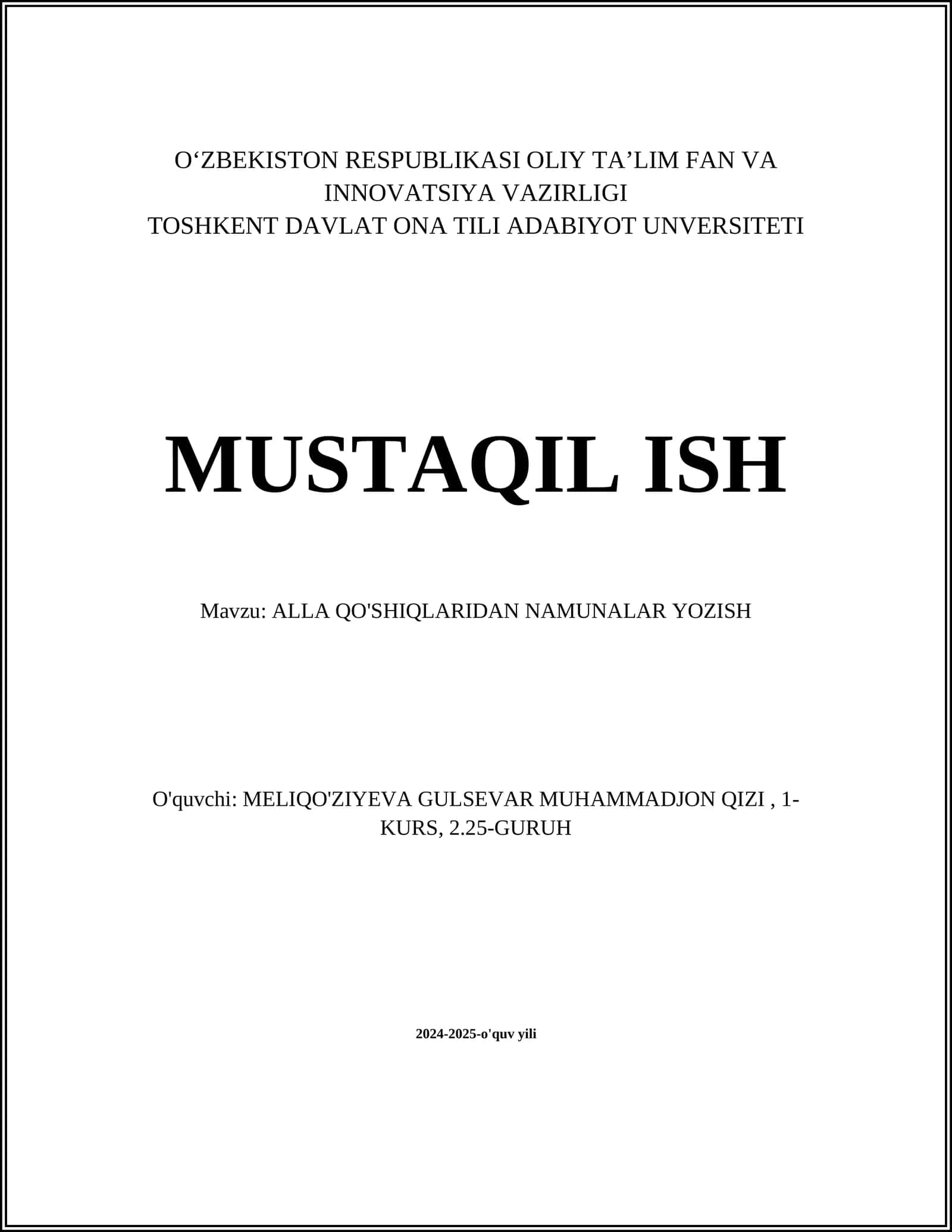 ALLA QO'SHIQLARIDAN NAMUNALAR YOZISH