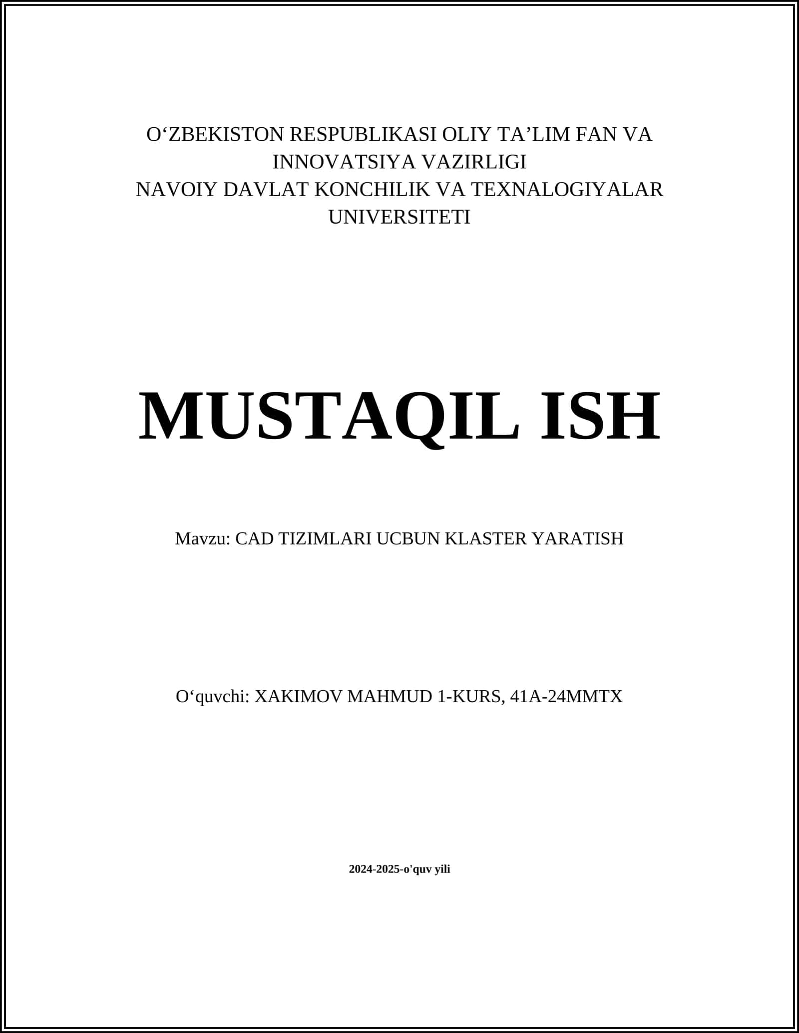 CAD TIZIMLARI UCBUN KLASTER YARATISH