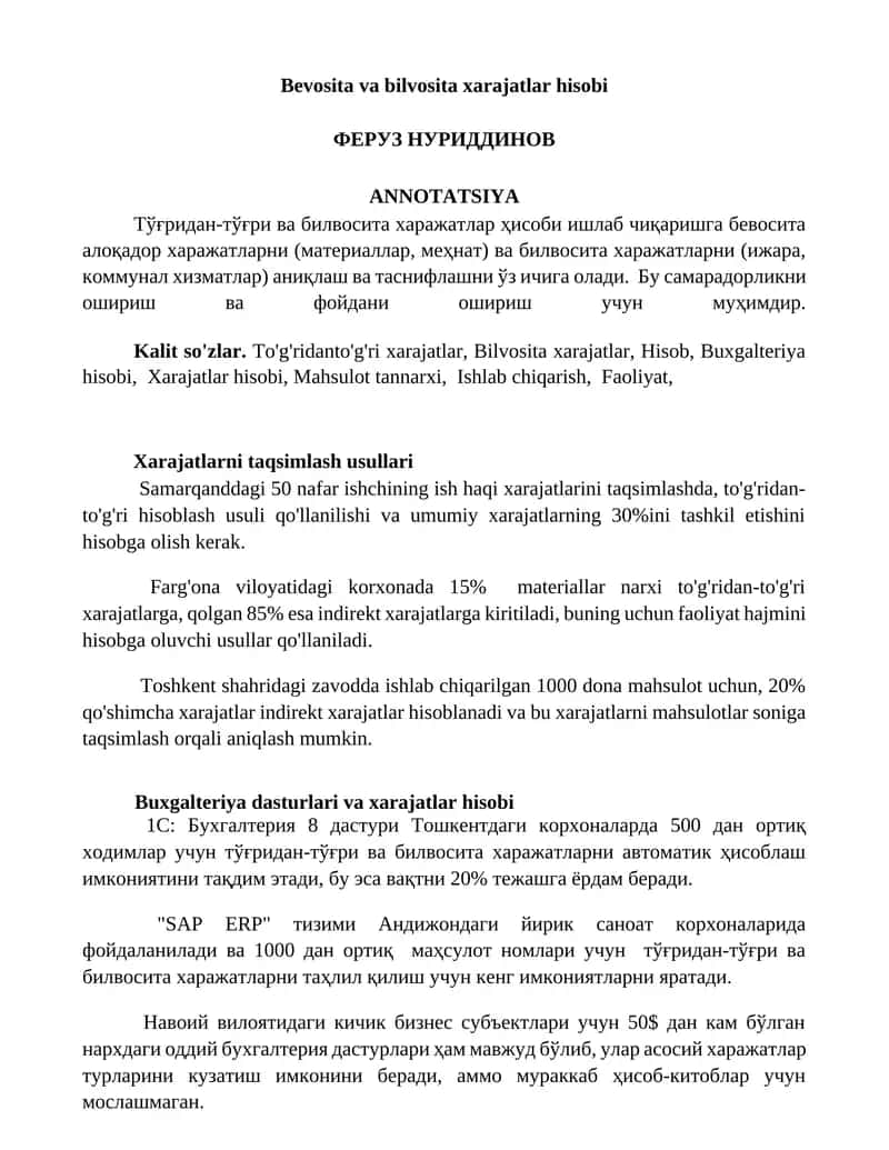 Bevosita va bilvosita xarajatlar hisobi