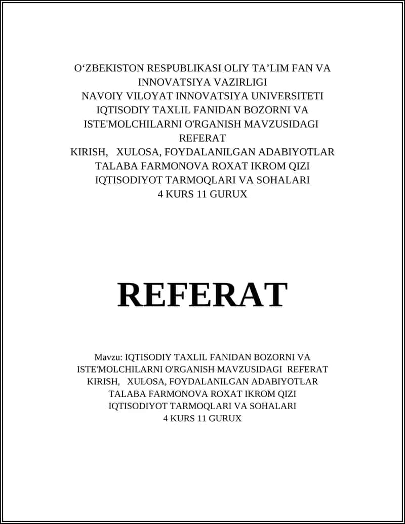 IQTISODIY TAXLIL FANIDAN BOZORNI VA ISTE'MOLCHILARNI O'RGANISH MAVZUSIDAGI REFERAT
