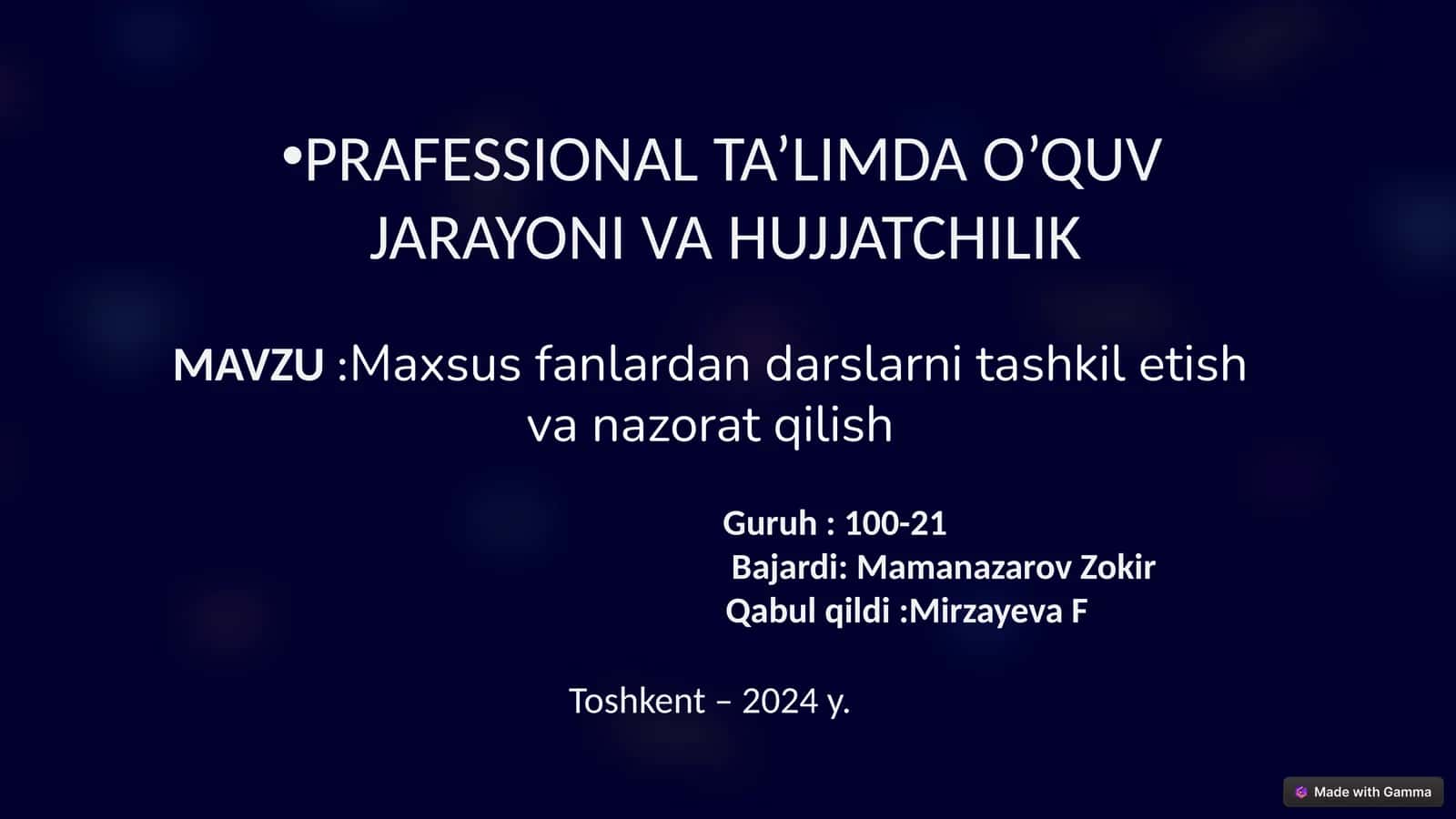 Maxsus fanlardan darslarni tashkil etish va nazorat qilish