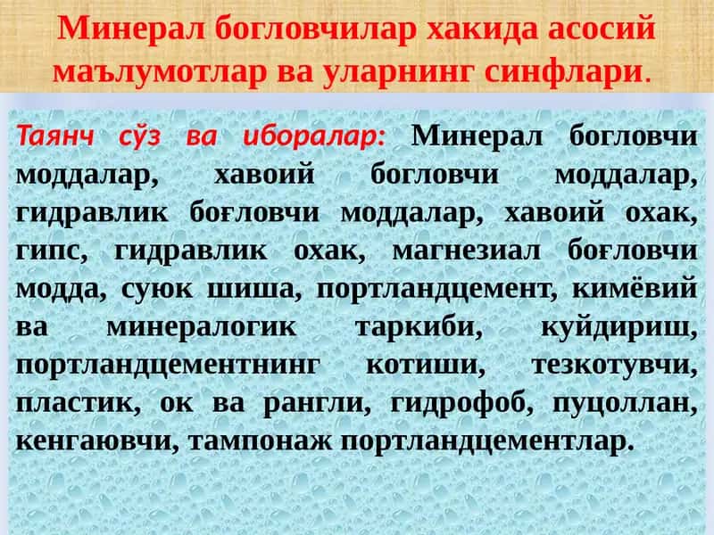 Минералбошловчилар ҳақида асосий маълумотлар ва уларнинг синфлари