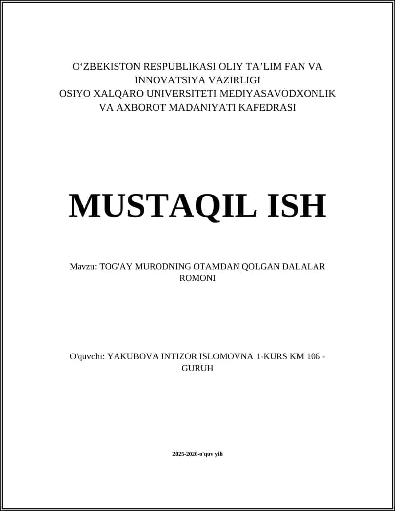 TOG'AY MURODNING OTAMDAN QOLGAN DALALAR ROMONI