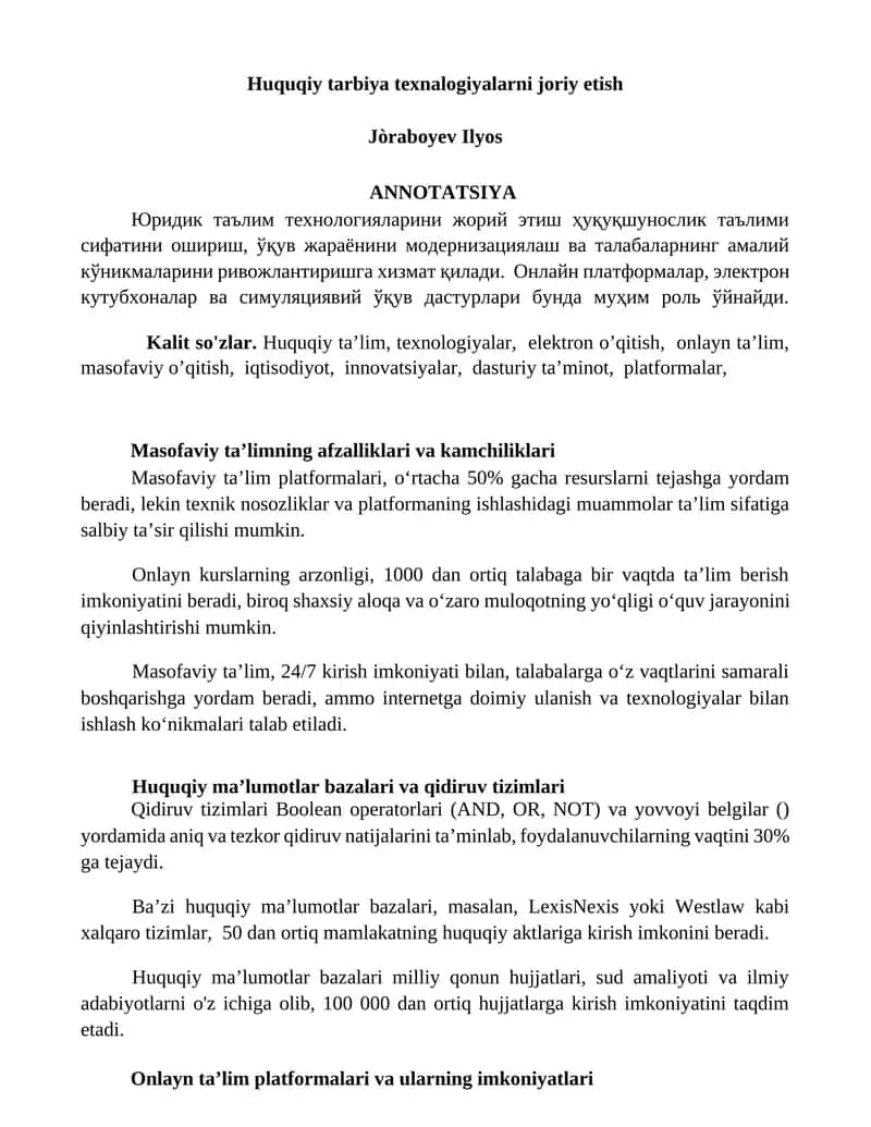 Huquqiy tarbiya texnalogiyalarni joriy etish