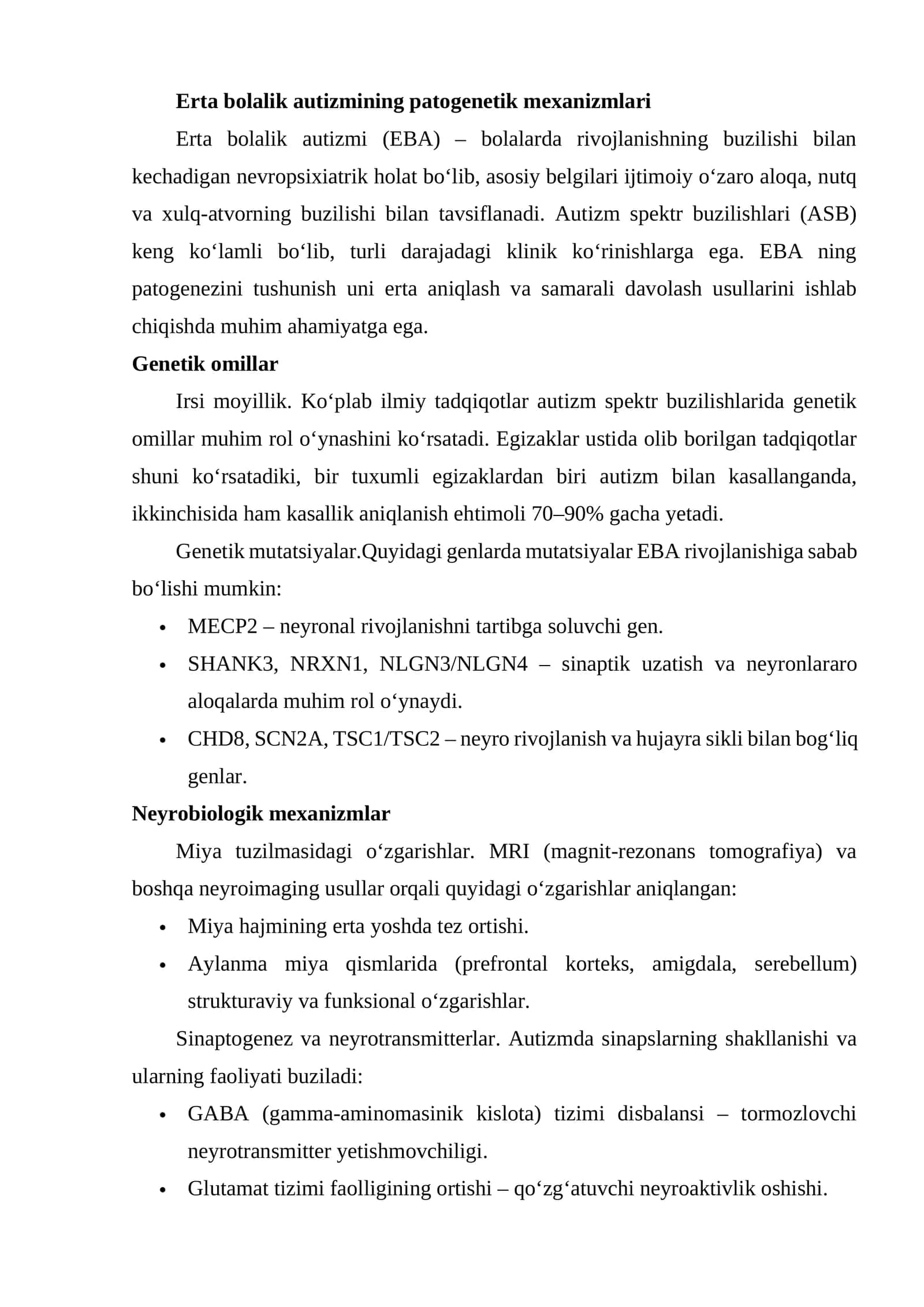 Erta bolalik autizmining patogenetik mexanizmlari