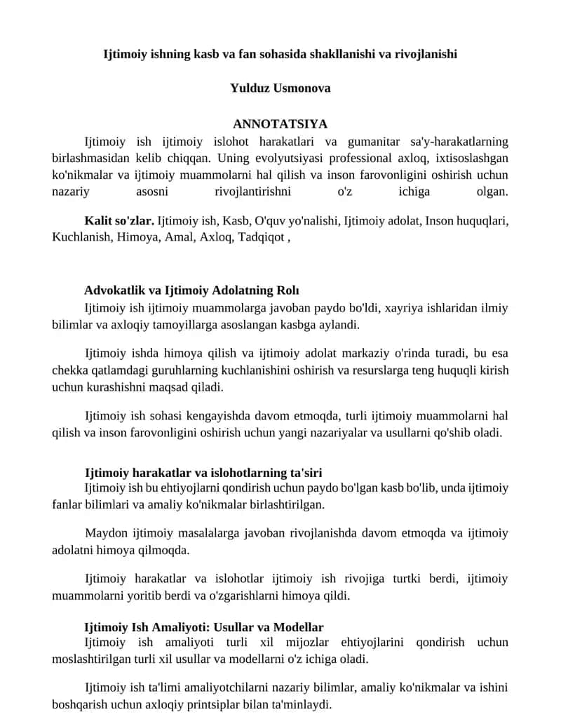 Ijtimoiy ishning kasb va fan sohasida shakllanishi va rivojlanishi