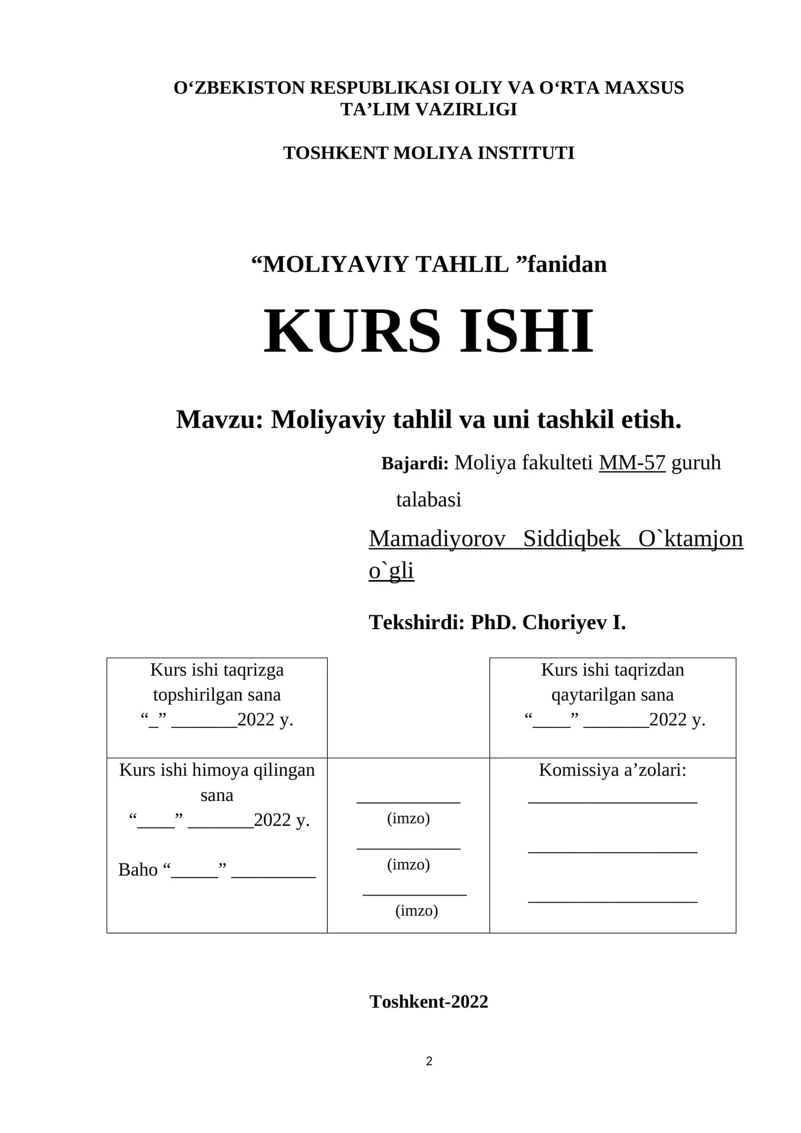 Moliyaviy tahlil va uni tashkil etish