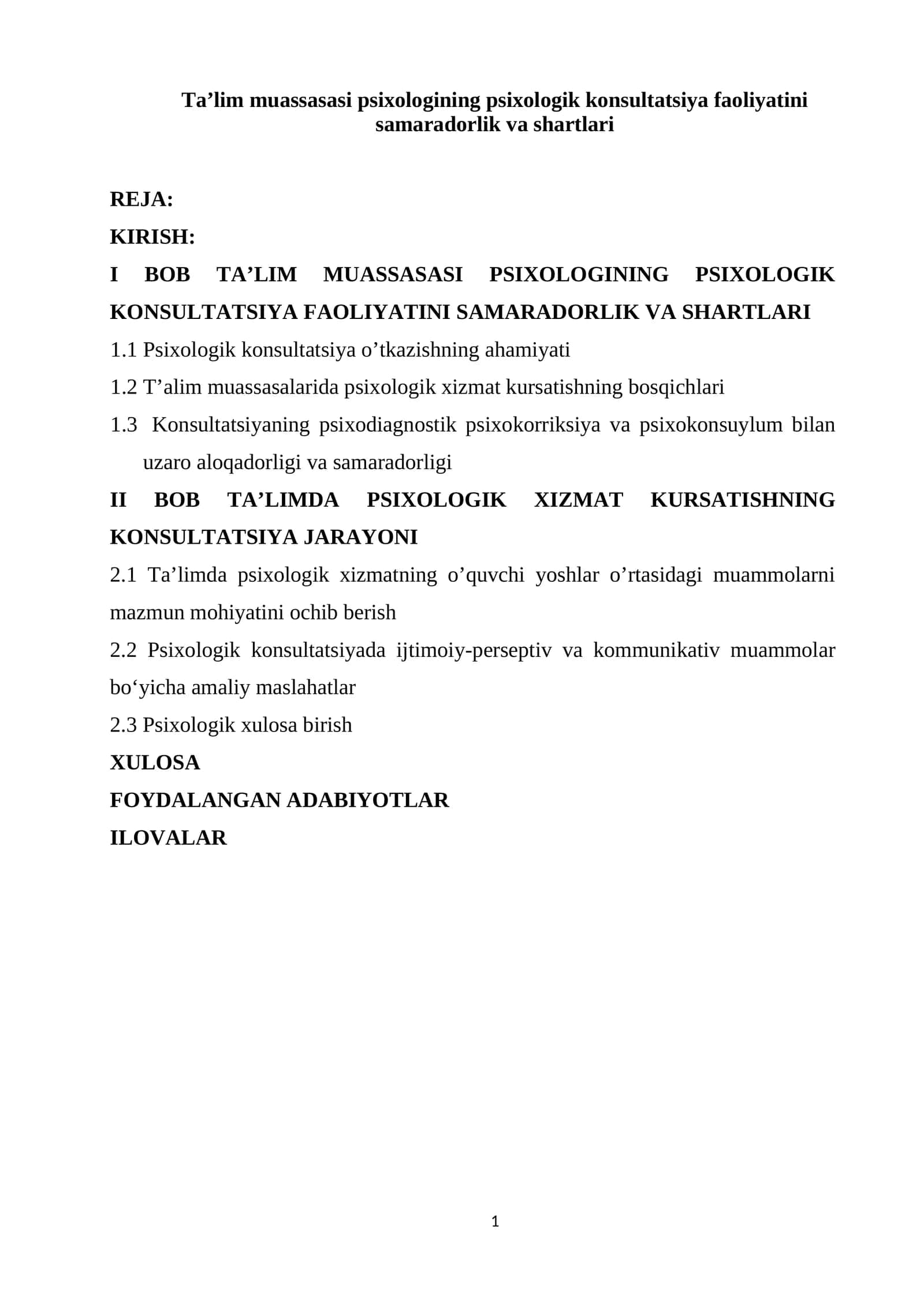Ta’lim muassasasi psixologining psixologik konsultatsiya faoliyatini samaradorlik va shartlari