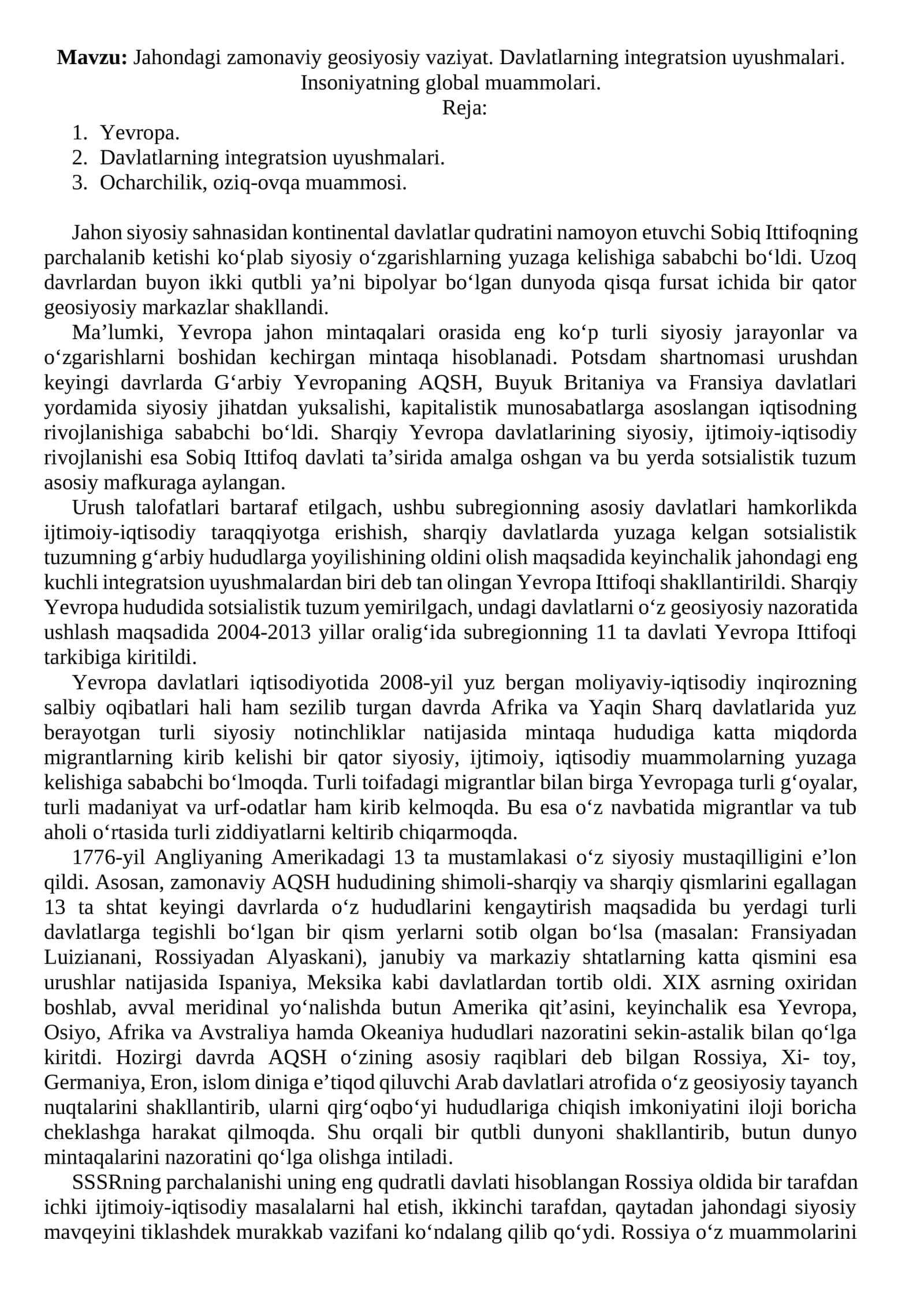 Jahondagi Zamonaviy Geosiyosiy Vaziyat
