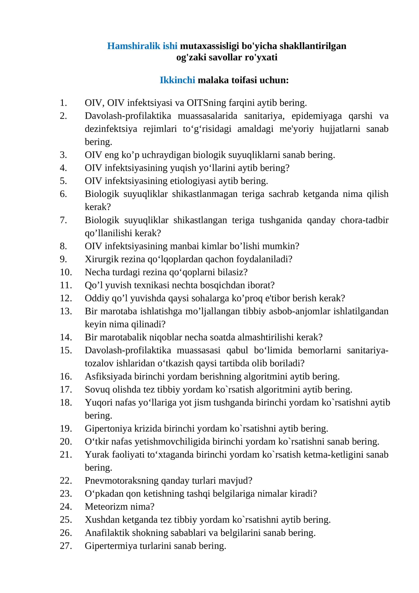 Hamshiralik ishi mutaxassisligi bo'yicha shakllantirilgan og'zaki savollar ro'yxati Ikkinchi malaka tоifasi uchun: