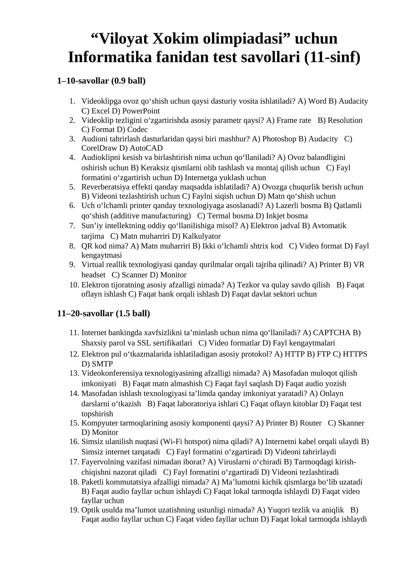 “Viloyat Xokim olimpiadasi” uchun Informatika fanidan test savollari (11-sinf)