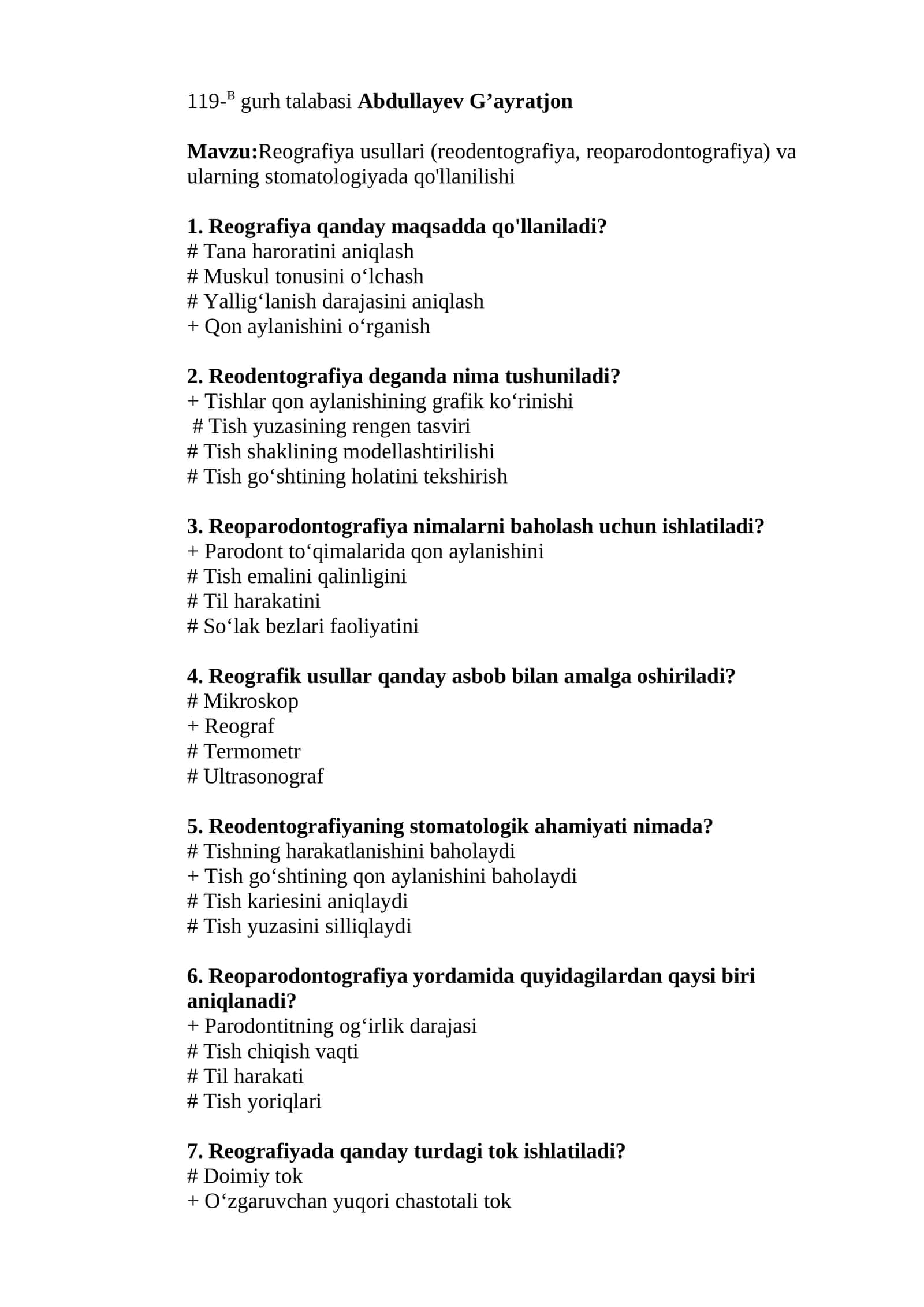 Reografiya usullari (reodentografiya, reoparodontografiya) va ularning stomatologiyada qo'llanilishi