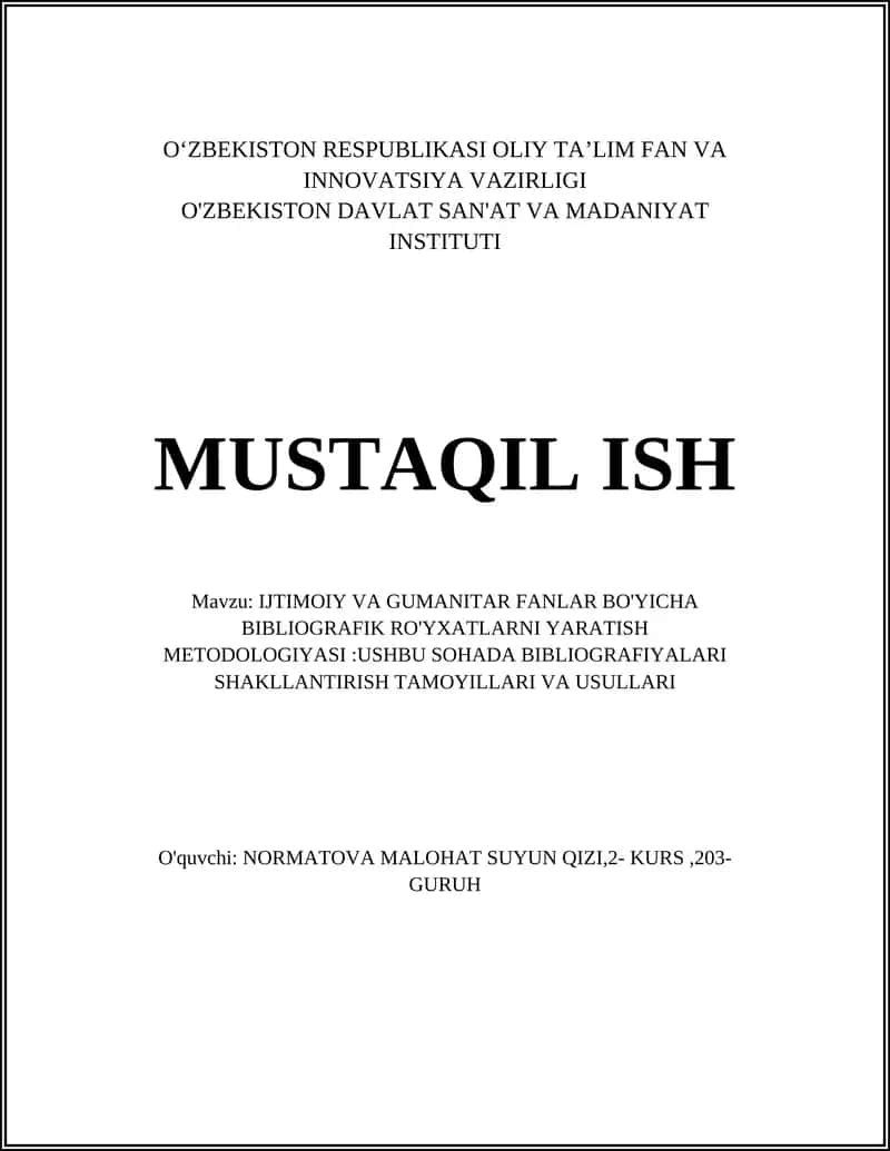 IJTIMOIY VA GUMANITAR FANLAR BO'YICHA BIBLIOGRAFIK RO'YXATLARNI YARATISH METODOLOGIYASI