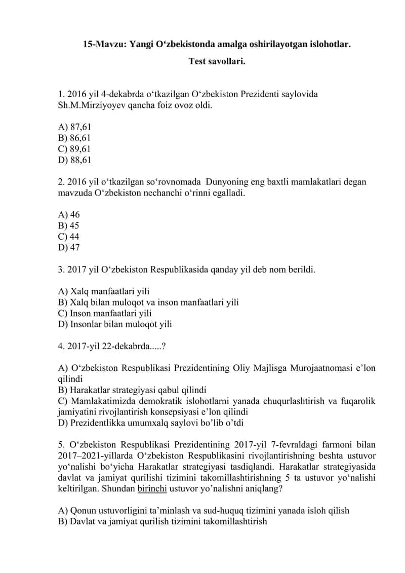Yangi O‘zbekistonda amalga oshirilayotgan islohotlar. Test savollari.