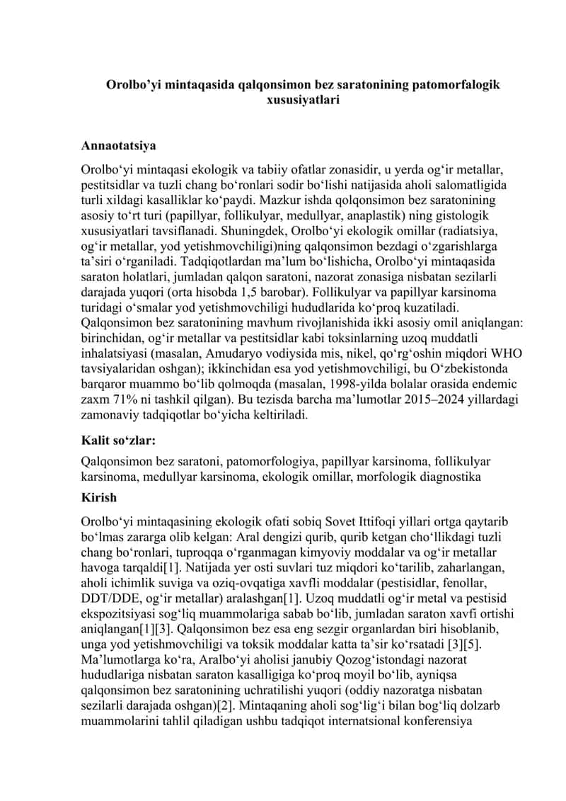 Orolbo’yi mintaqasida qalqonsimon bez saratonining patomorfalogik xususiyatlari