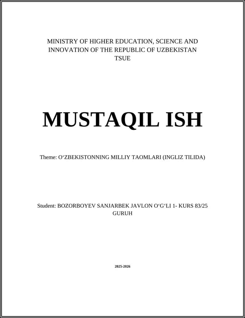 OʻZBEKISTONNING MILLIY TAOMLARI (INGLIZ TILIDA)