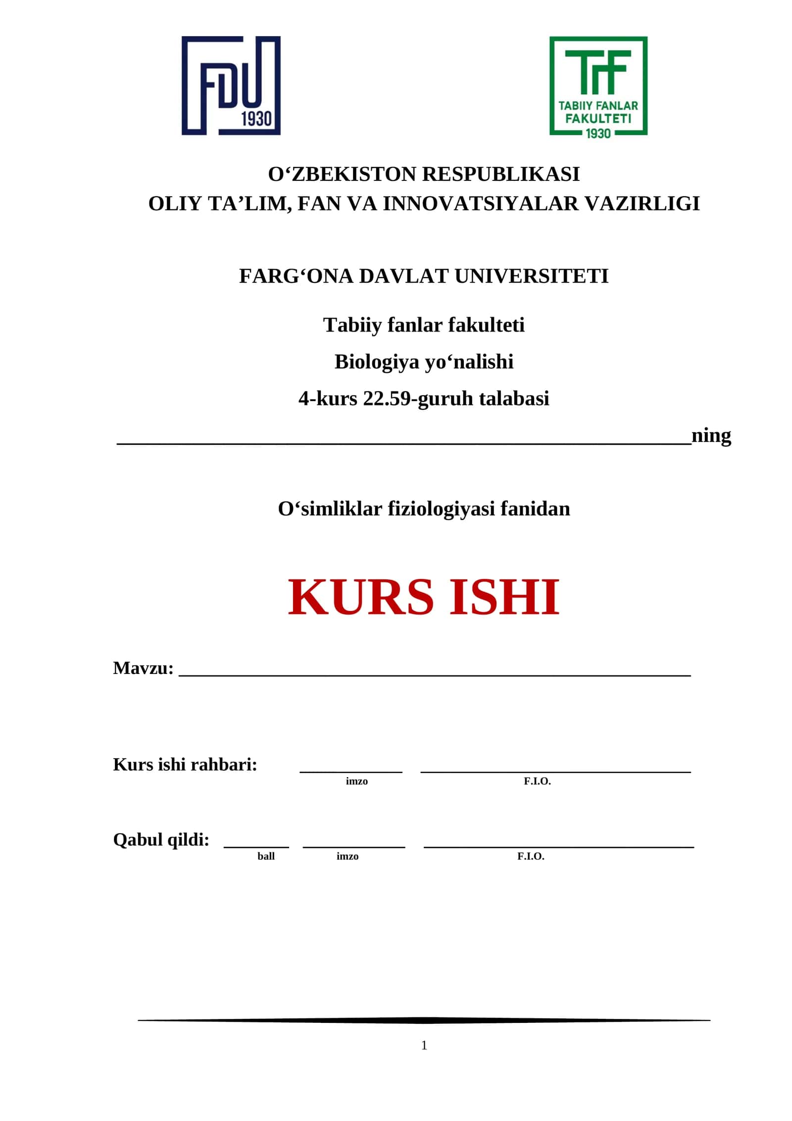 O‘simliklar fiziologiyasi fanidan KURS ISHI