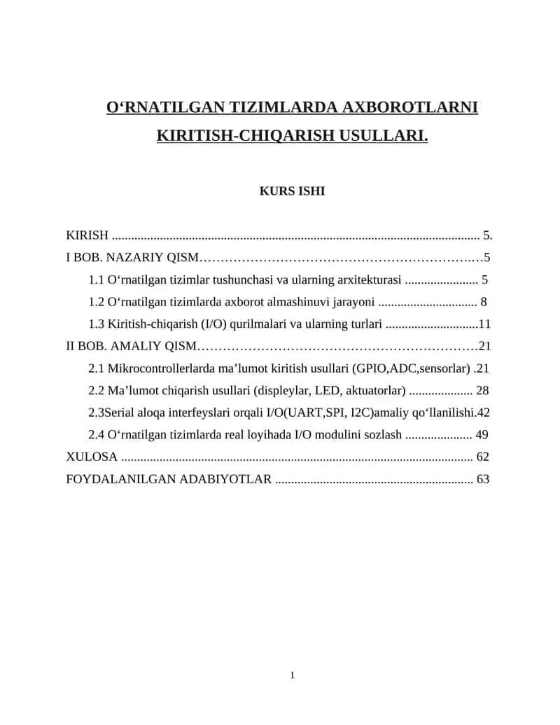 O‘RNATILGAN TIZIMLARDA AXBOROTLARNI KIRITISH-CHIQARISH USULLARI