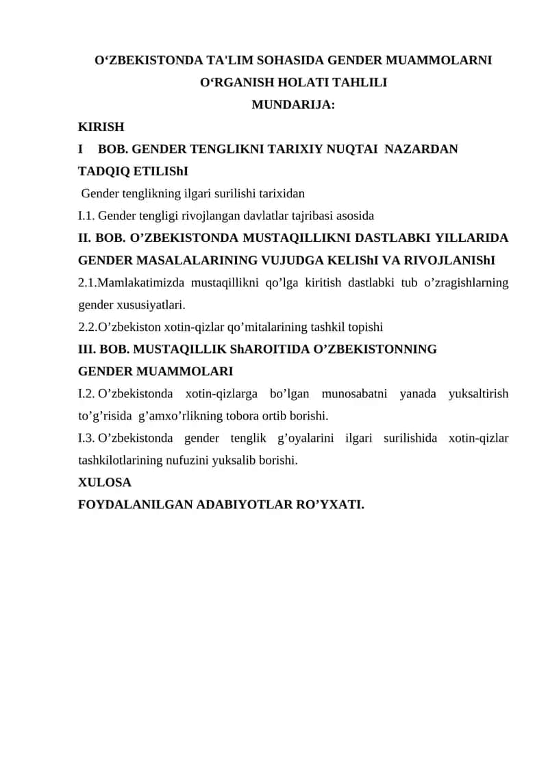 OʻZBEKISTONDA TA'LIM SOHASIDA GENDER MUAMMOLARNI OʻRGANISH HOLATI TAHLILI