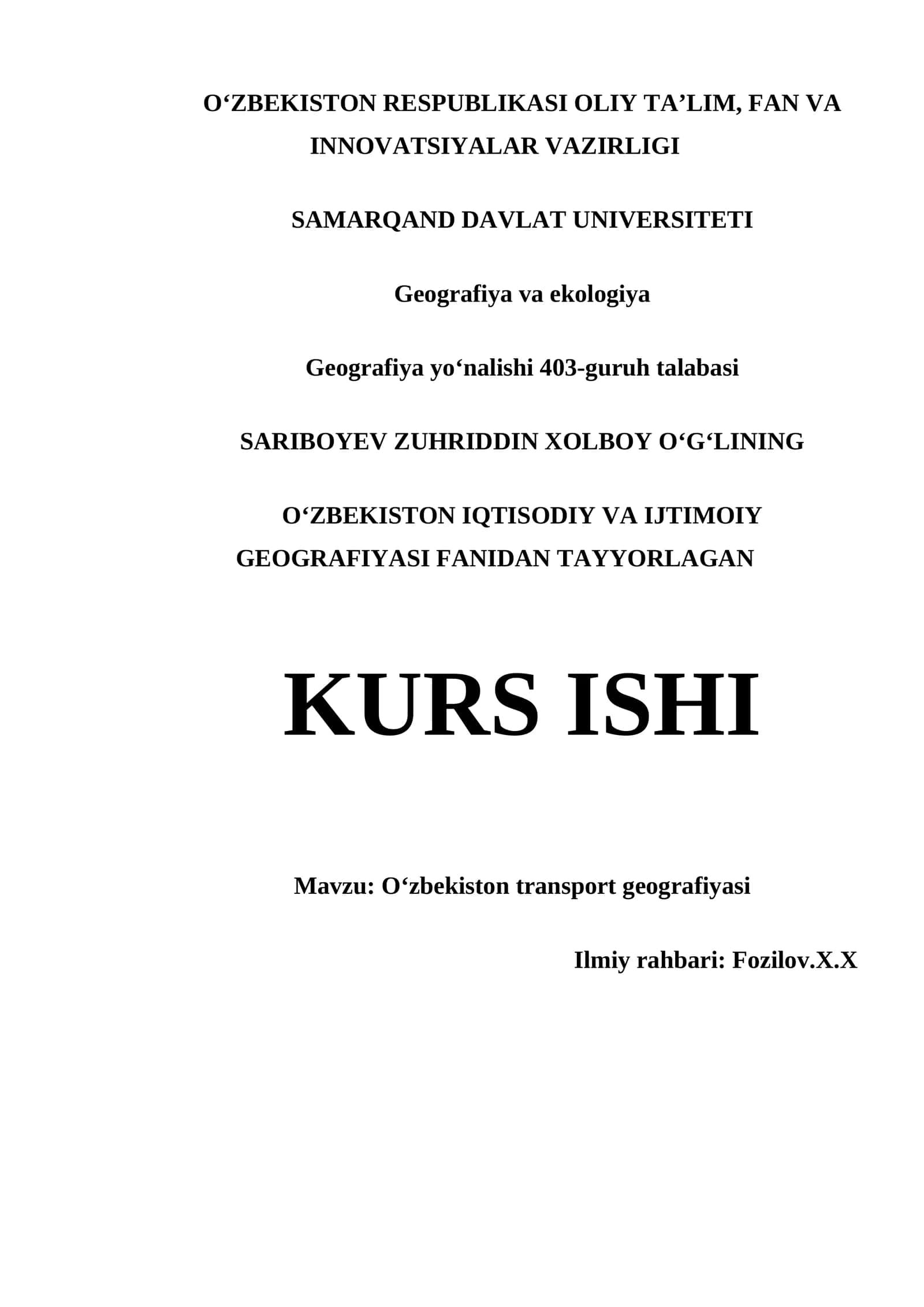 OʻZBEKISTON TRANSPORT GEOGRAFIYASI KURS ISHI