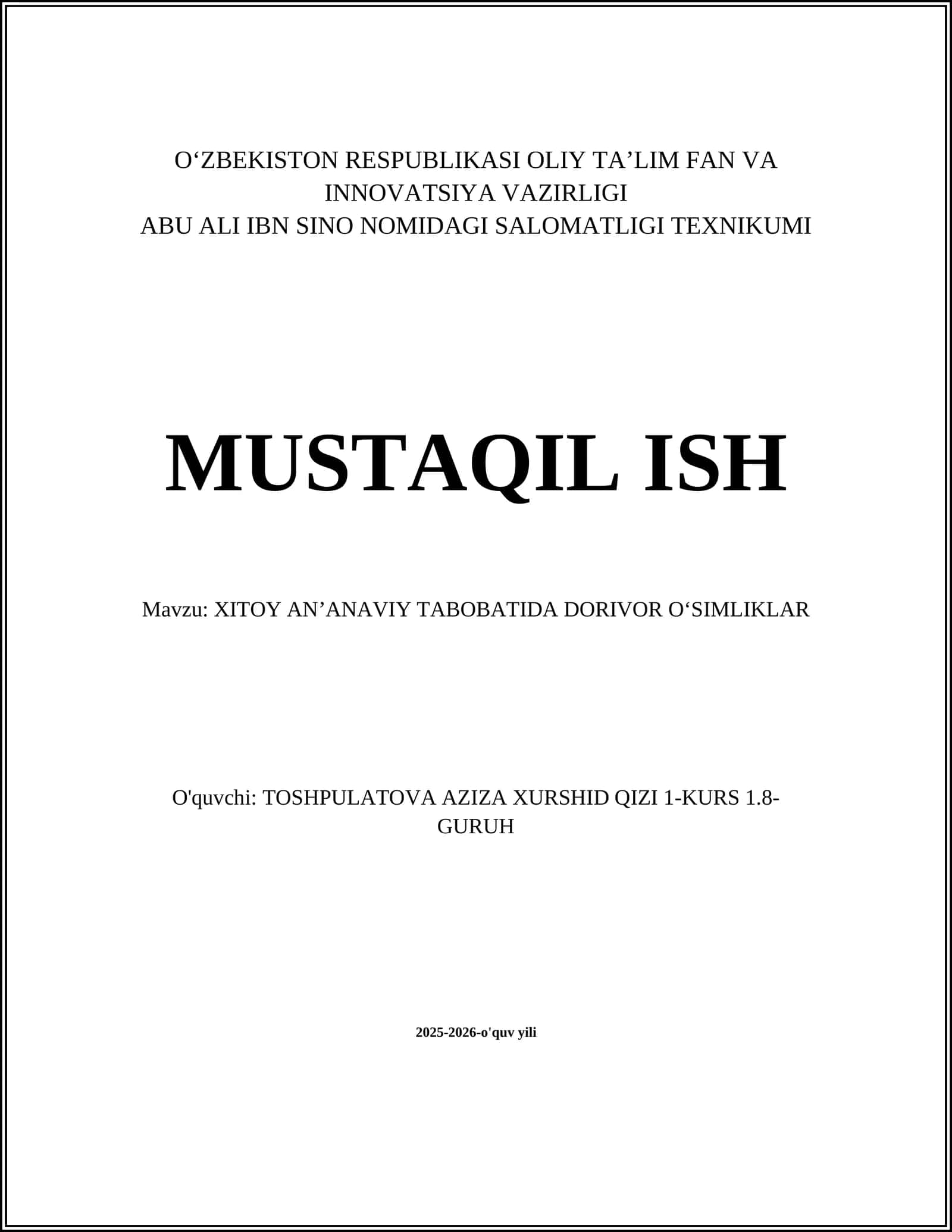 XITOY ANʼANAVIY TABOBATIDA DORIVOR OʻSIMLIKLAR