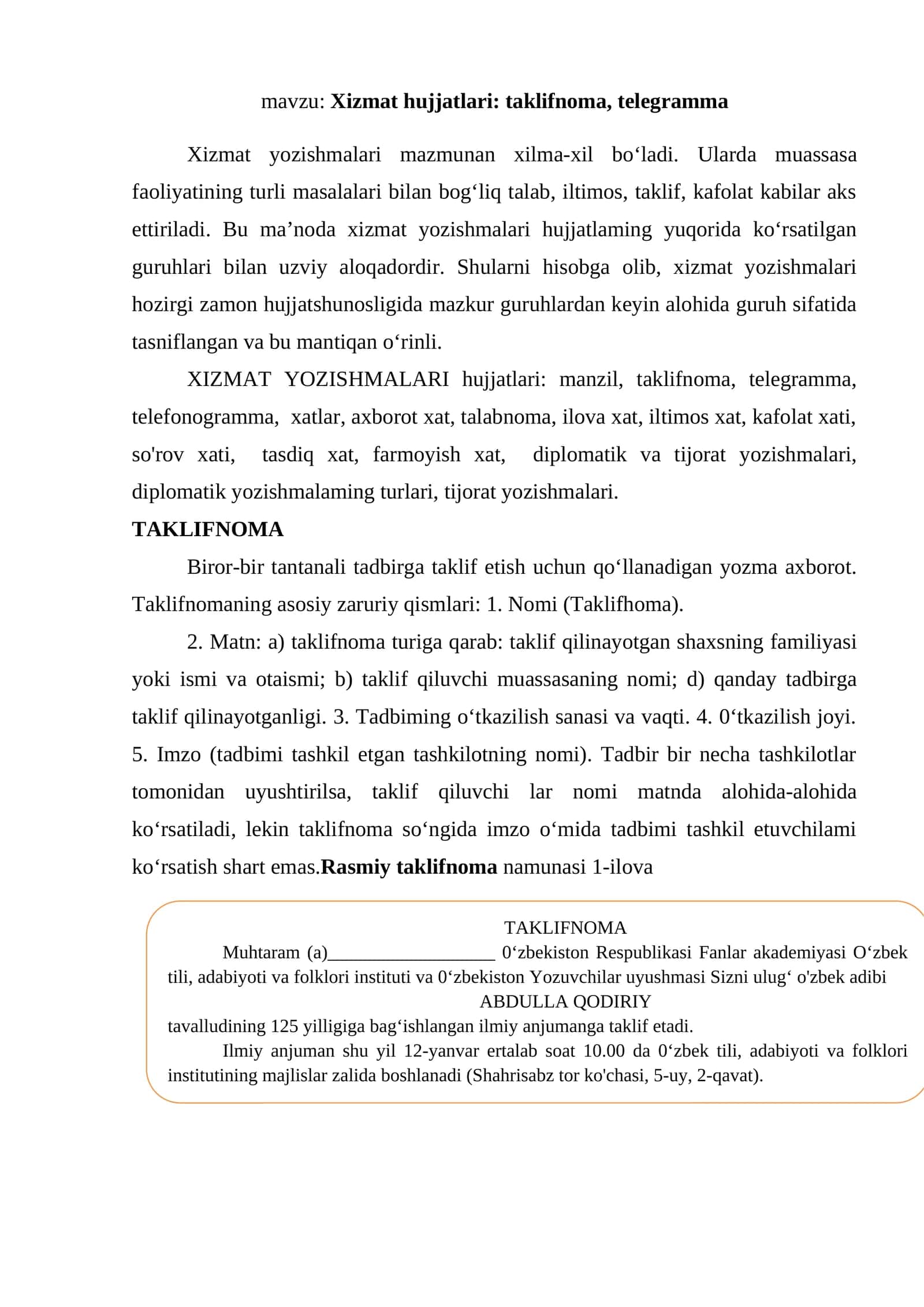 Xizmat hujjatlari: taklifnoma, telegramma