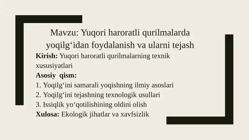 Yuqori haroratli qurilmalarda yoqilgʻidan foydalanish va ularni tejash