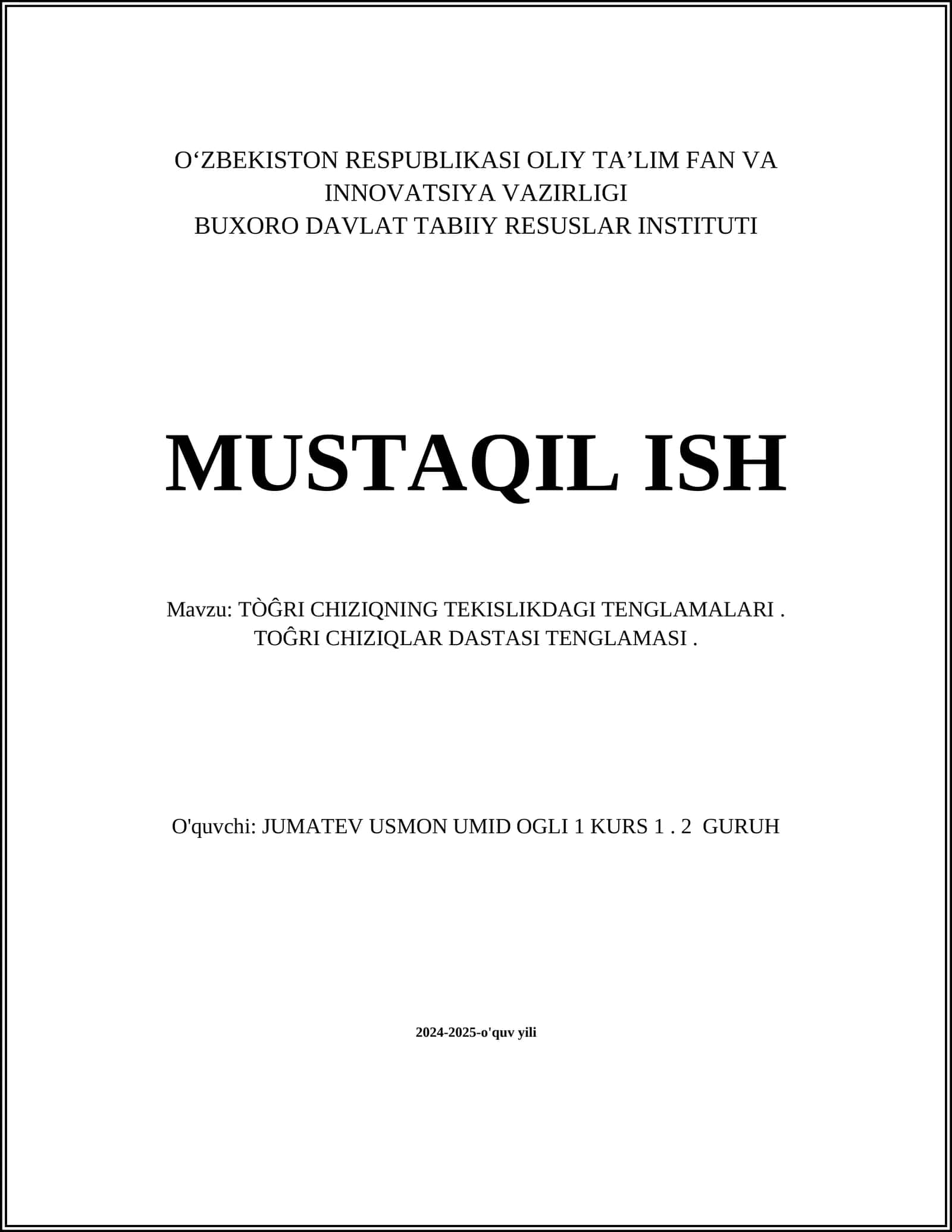 TÒĜRI CHIZIQNING TEKISLIKDAGI TENGLAMALARI. TOĜRI CHIZIQLAR DASTASI TENGLAMASI