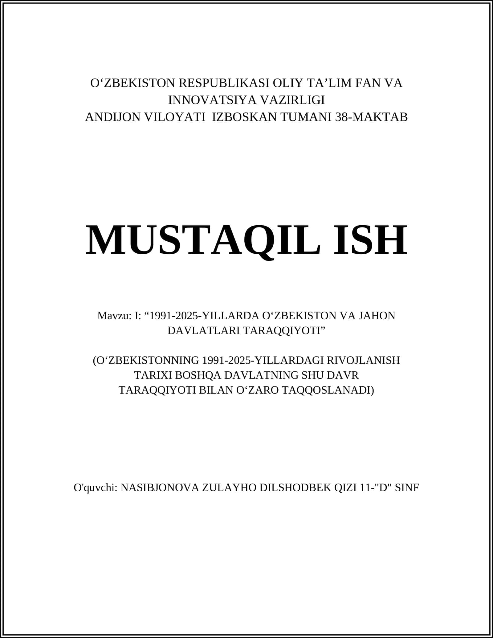 Iqtisodiy ishlar: 1991-2025 yillarda O‘zbekiston va jahon davlatlari taraqqiyoti