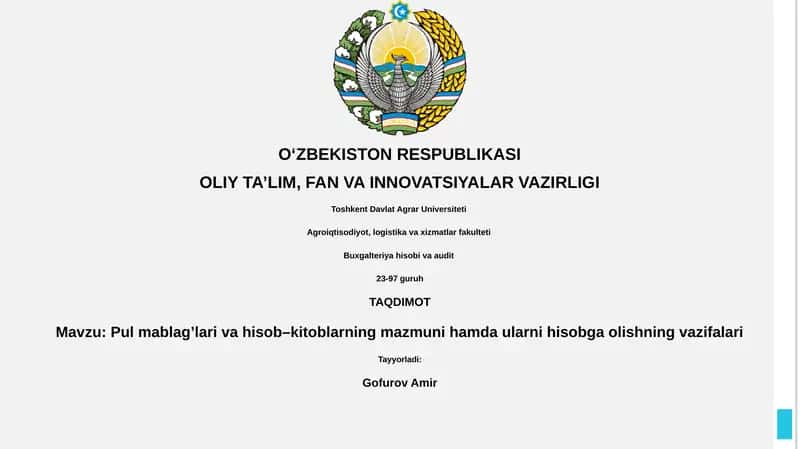 Pul mаblаg’lаri vа hisоb–kitоblаrning mаzmuni hаmdа ulаrni hisоbgа оlishning vаzifаlаri