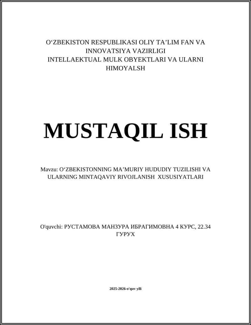 O‘ZBEKISTONNING MA’MURIY HUDUDIY TUZILISHI VA ULARNING MINTAQAVIY RIVOJLANISH XUSUSIYATLARI