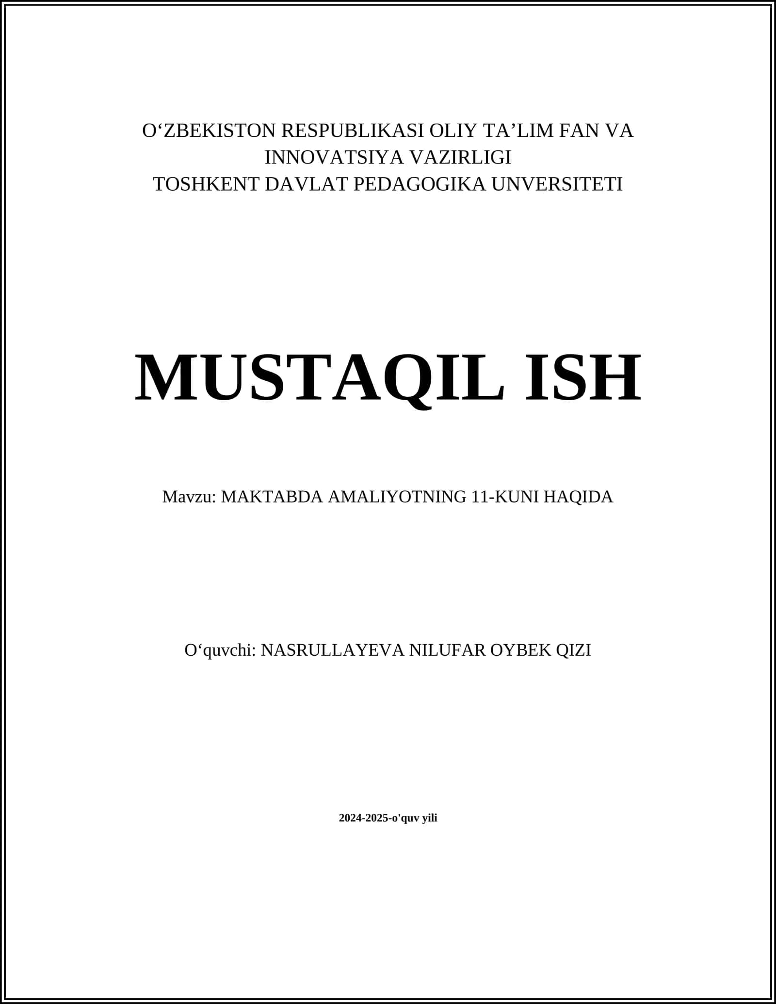 MAKTABDA AMALIYOTNING 11-KUNI HAQIDA