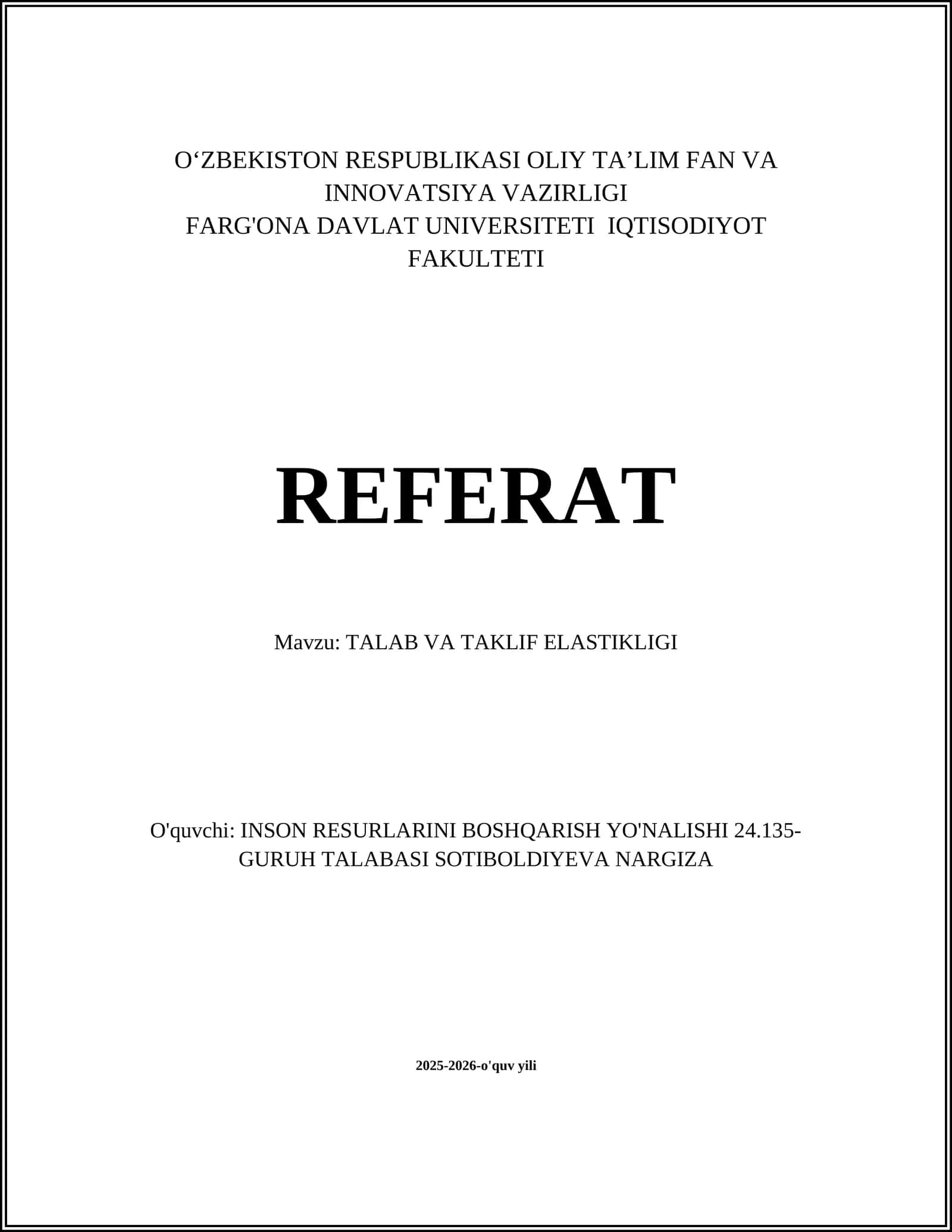 TALAB VA TAKLIF ELASTIKLIGI