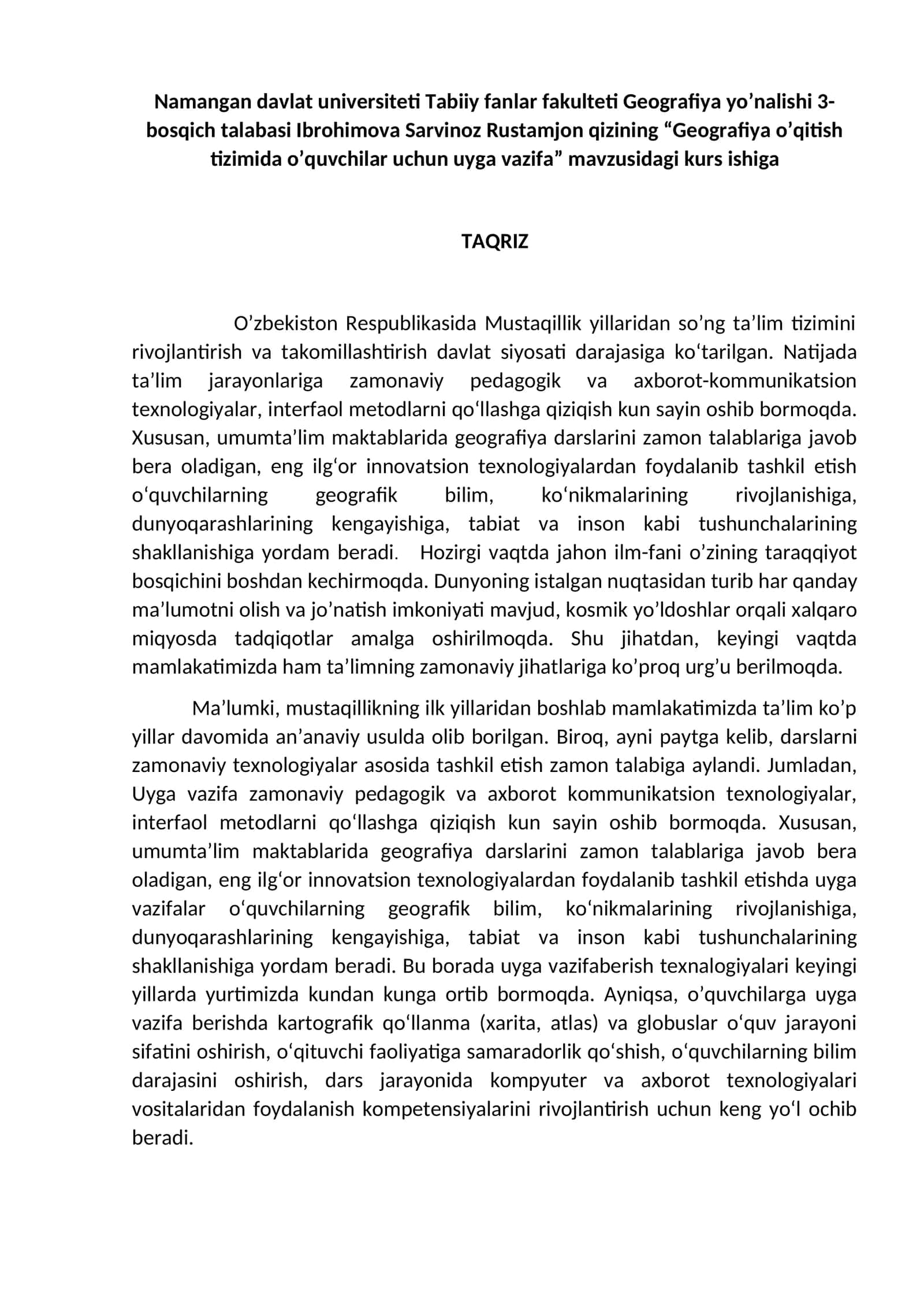 Geografiya o’qitish tizimida o’quvchilar uchun uyga vazifa
