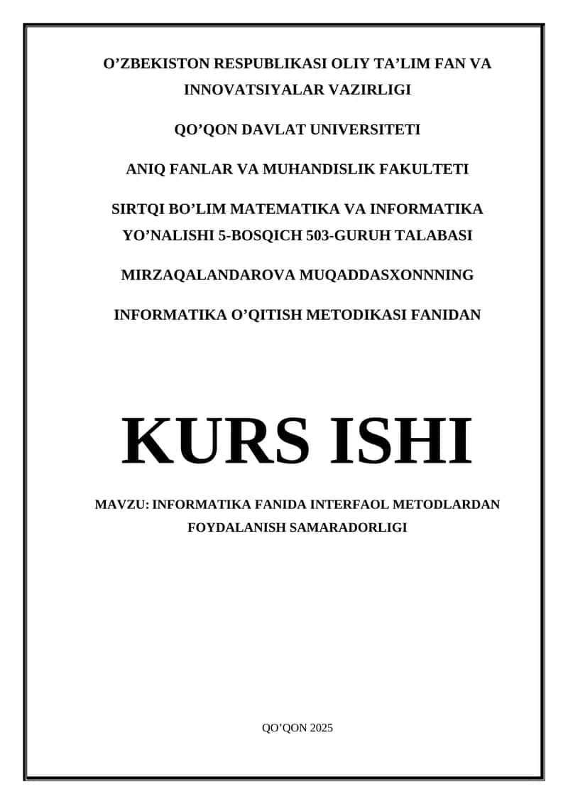 Informatika fanida interfaol metodlardan foydalanish samaradorligi