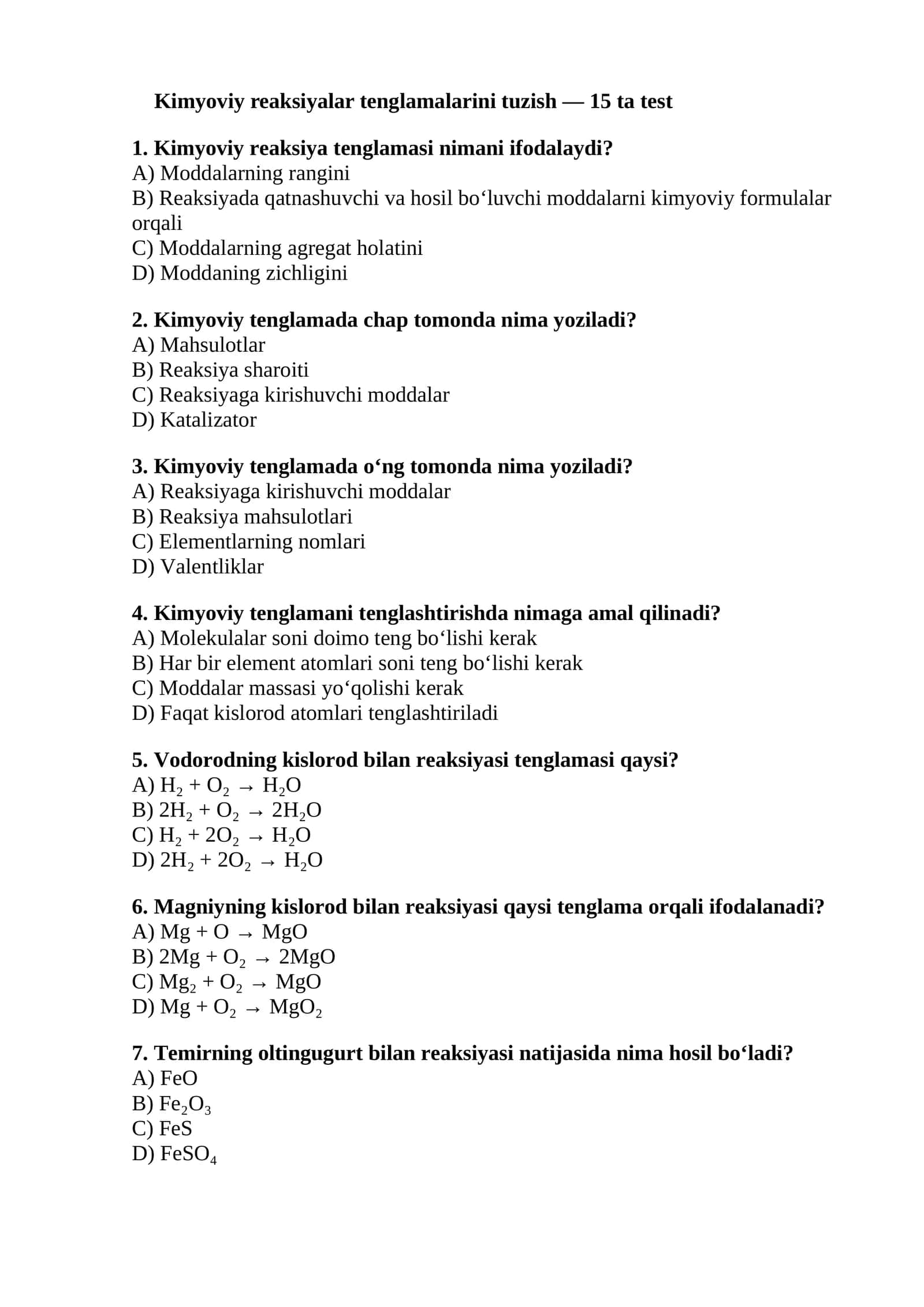 Kimyoviy reaksiyalar tenglamalarini tuzish