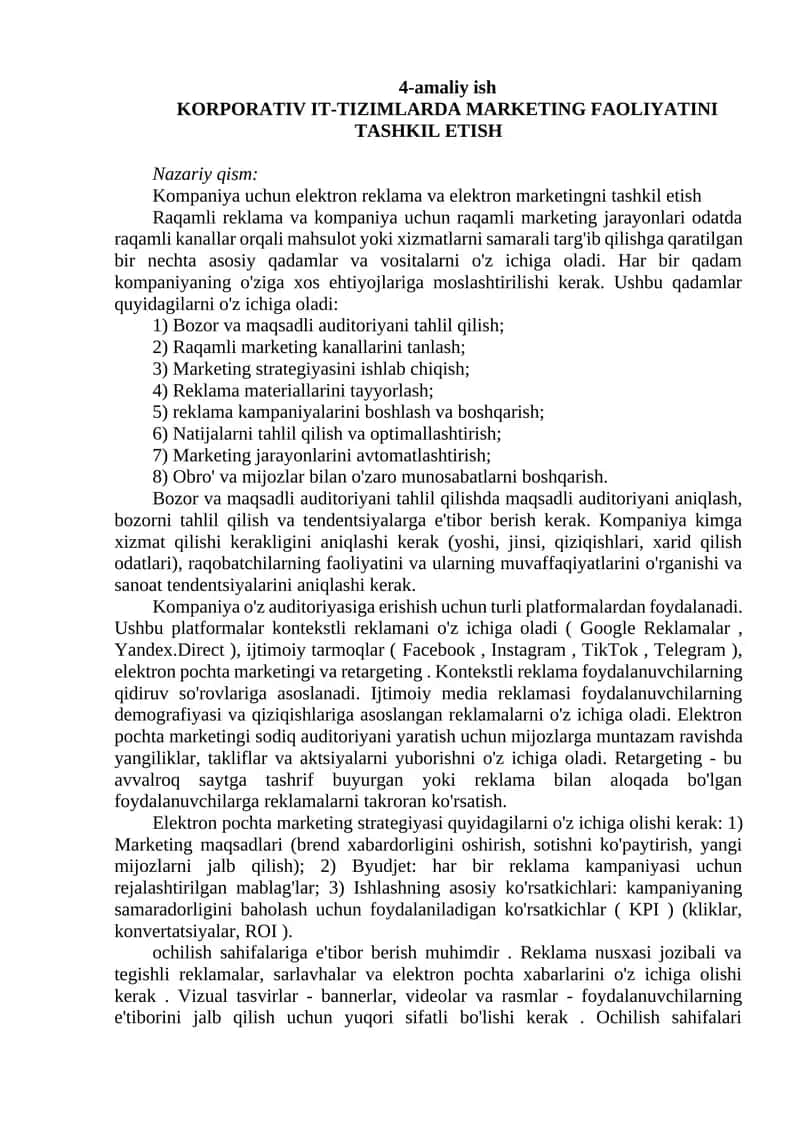 KORPORATIV IT-TIZIMLARDA MARKETING FAOLIYATINI TASHKIL ETISH